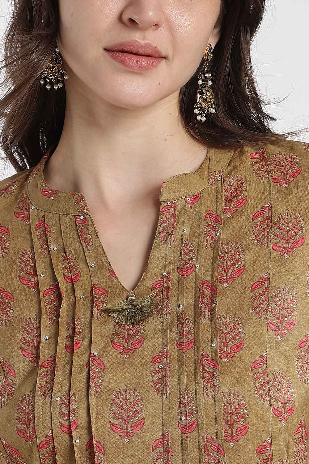 Mythri Women’s Cotton Chanderi Kurti – Mandarin Collar Pintuck Kurti with 3/4 Sleeves | Butta Print Ethnic Kurti for Women - 1208