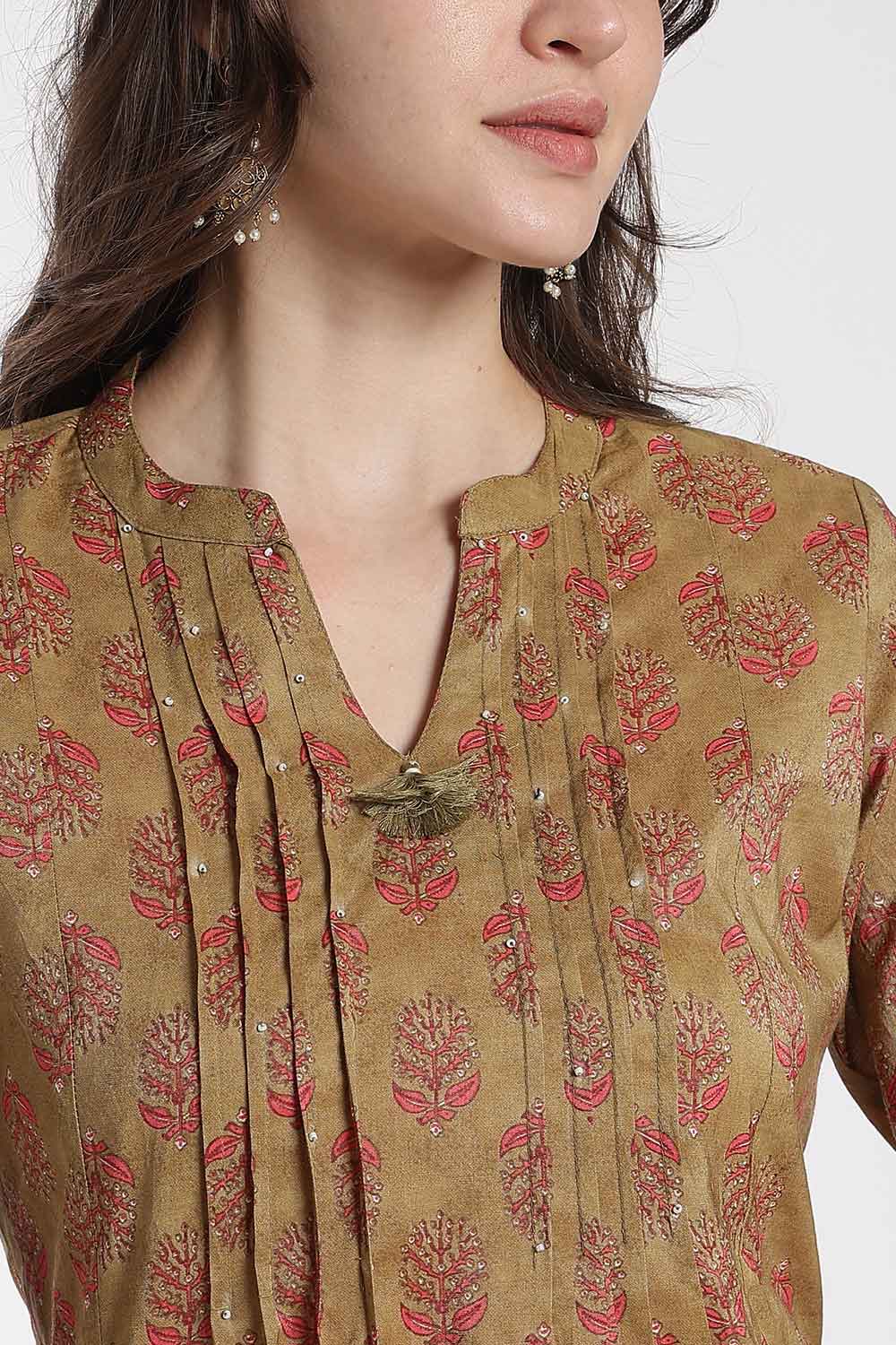 Mythri Women’s Cotton Chanderi Kurti – Mandarin Collar Pintuck Kurti with 3/4 Sleeves | Butta Print Ethnic Kurti for Women - 1208