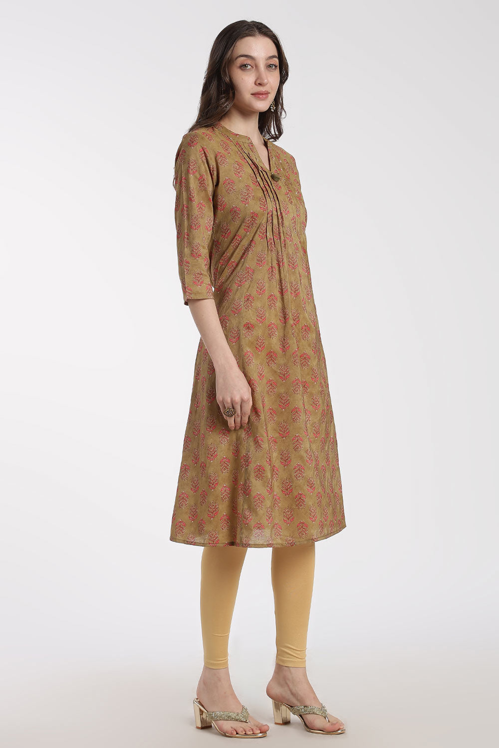 Mythri Women’s Cotton Chanderi Kurti – Mandarin Collar Pintuck Kurti with 3/4 Sleeves | Butta Print Ethnic Kurti for Women - 1208