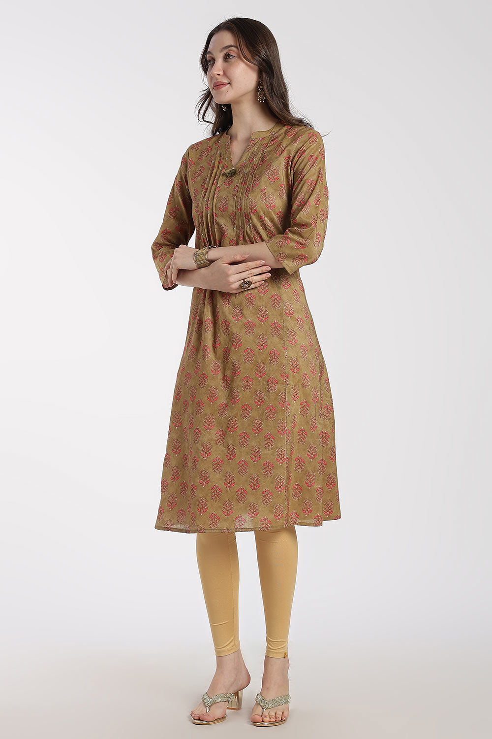 Mythri Women’s Cotton Chanderi Kurti – Mandarin Collar Pintuck Kurti with 3/4 Sleeves | Butta Print Ethnic Kurti for Women - 1208