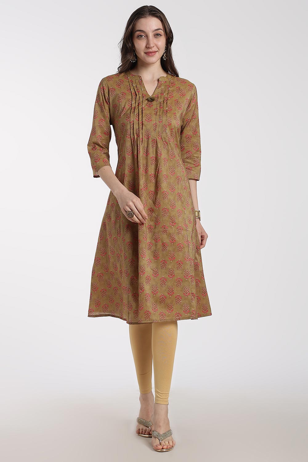 Mythri Women’s Cotton Chanderi Kurti – Mandarin Collar Pintuck Kurti with 3/4 Sleeves | Butta Print Ethnic Kurti for Women - 1208