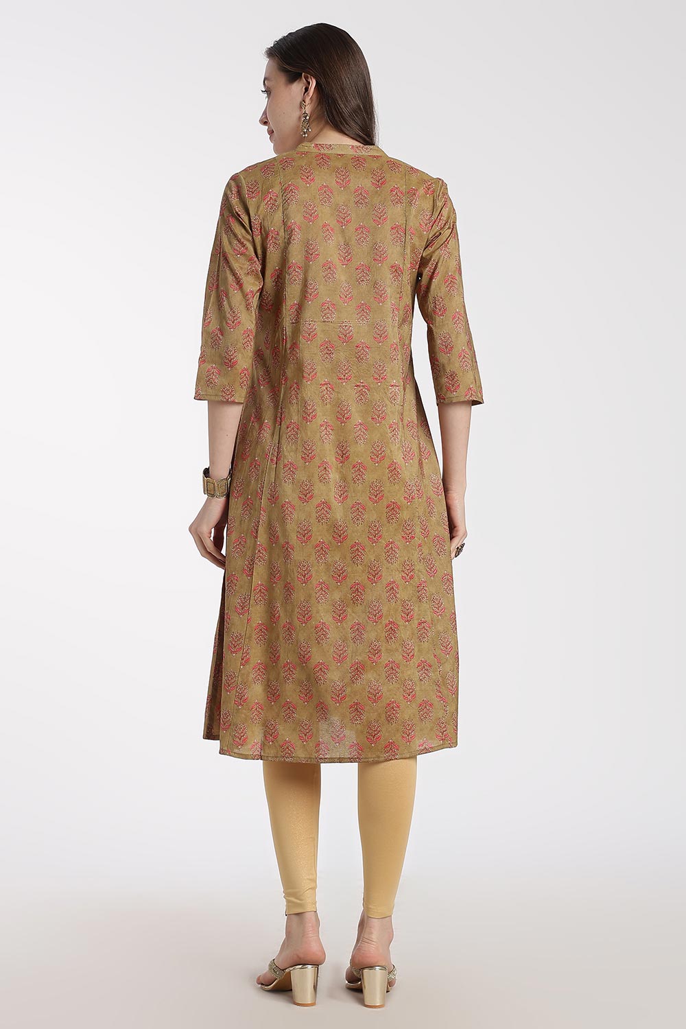 Mythri Women’s Cotton Chanderi Kurti – Mandarin Collar Pintuck Kurti with 3/4 Sleeves | Butta Print Ethnic Kurti for Women - 1208