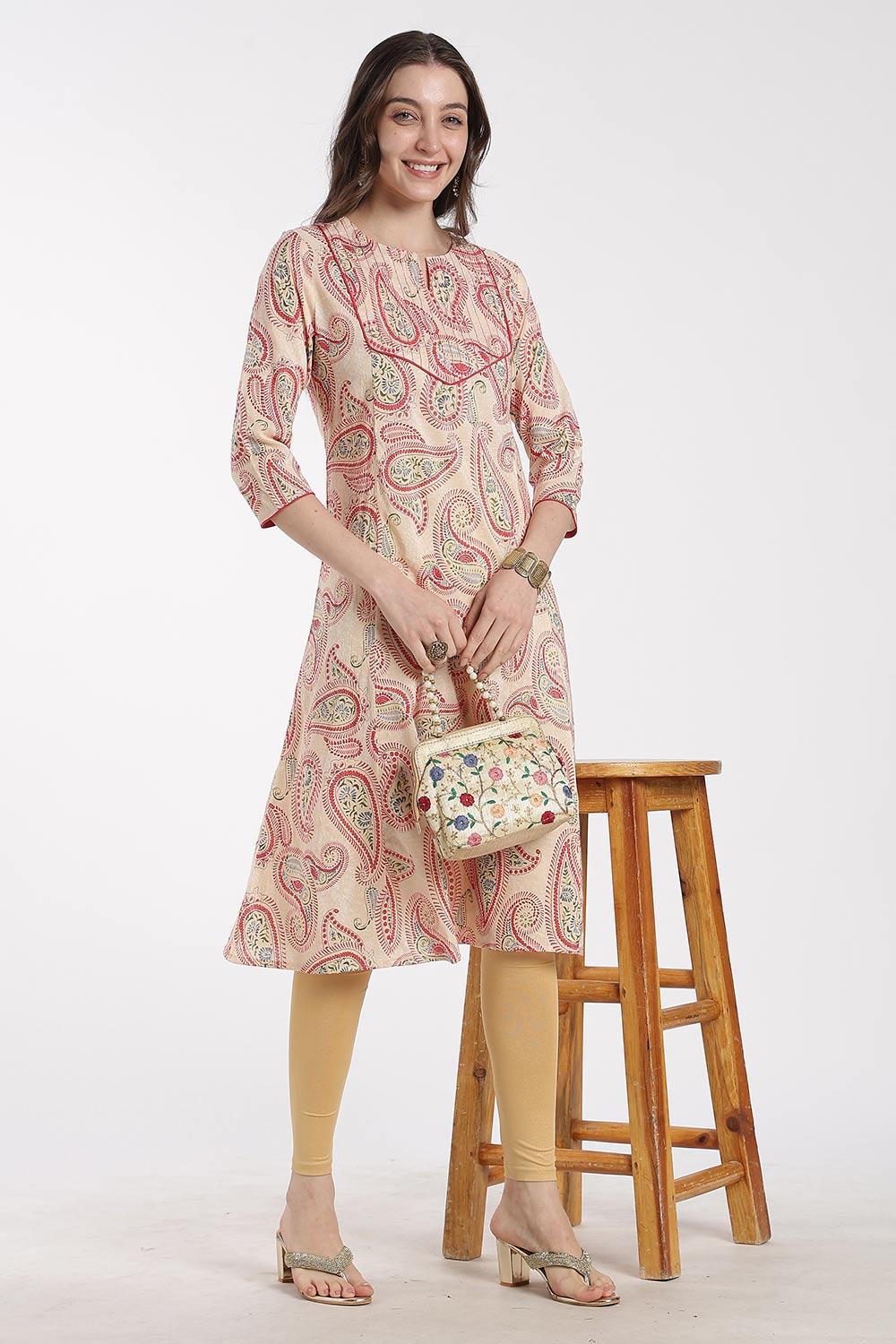 Mythri Women’s Cotton Chanderi Embroidered Kurti – Round Neck V-Notch 3/4 Sleeve Butta Print Ethnic Kurti for Women | Everyday Cotton Kurti - 1201