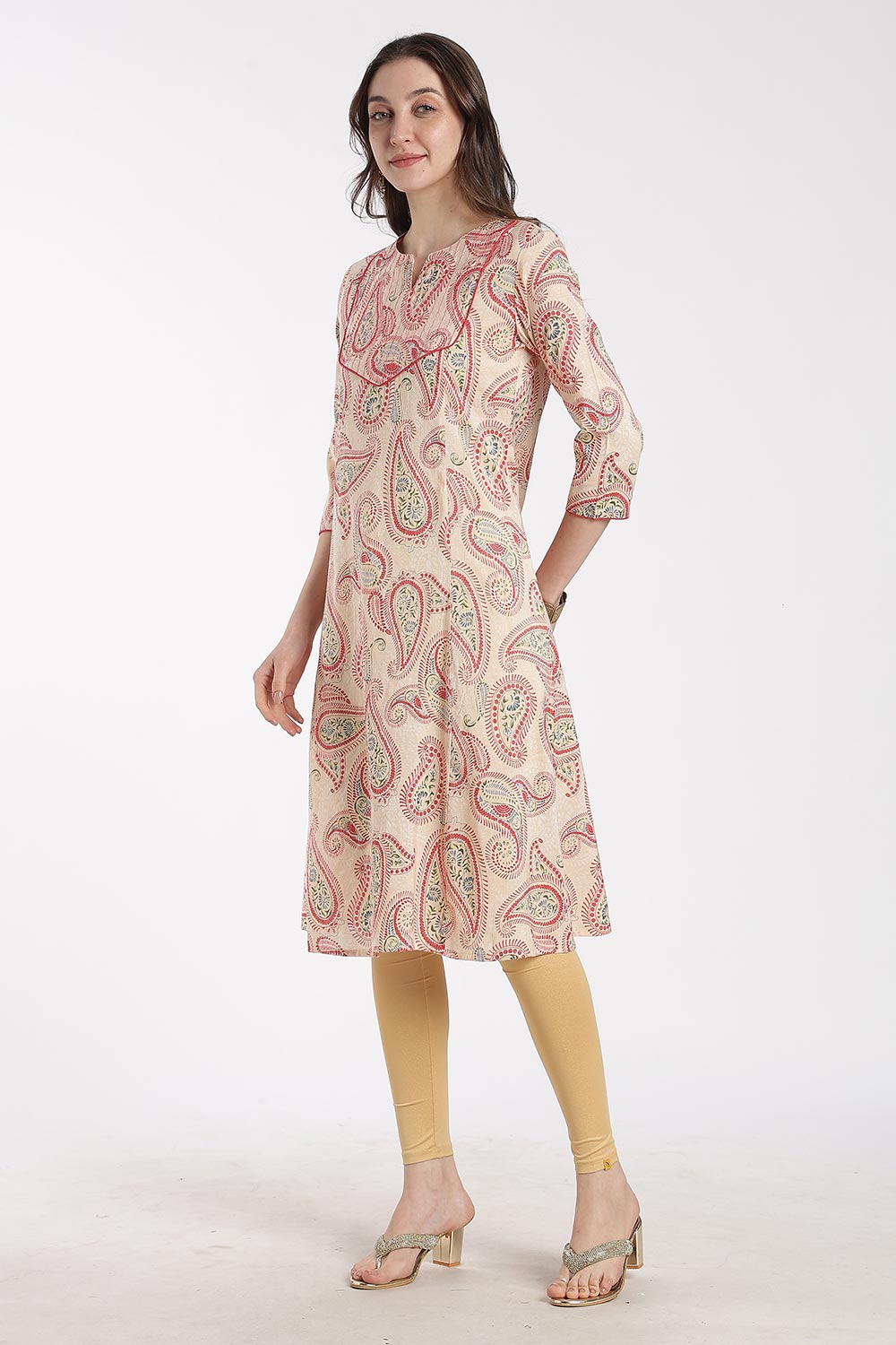 Mythri Women’s Cotton Chanderi Embroidered Kurti – Round Neck V-Notch 3/4 Sleeve Butta Print Ethnic Kurti for Women | Everyday Cotton Kurti - 1201