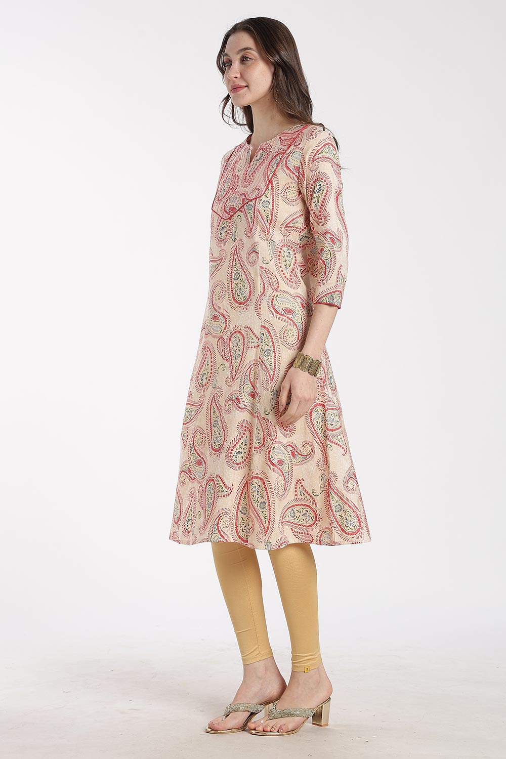 Mythri Women’s Cotton Chanderi Embroidered Kurti – Round Neck V-Notch 3/4 Sleeve Butta Print Ethnic Kurti for Women | Everyday Cotton Kurti - 1201