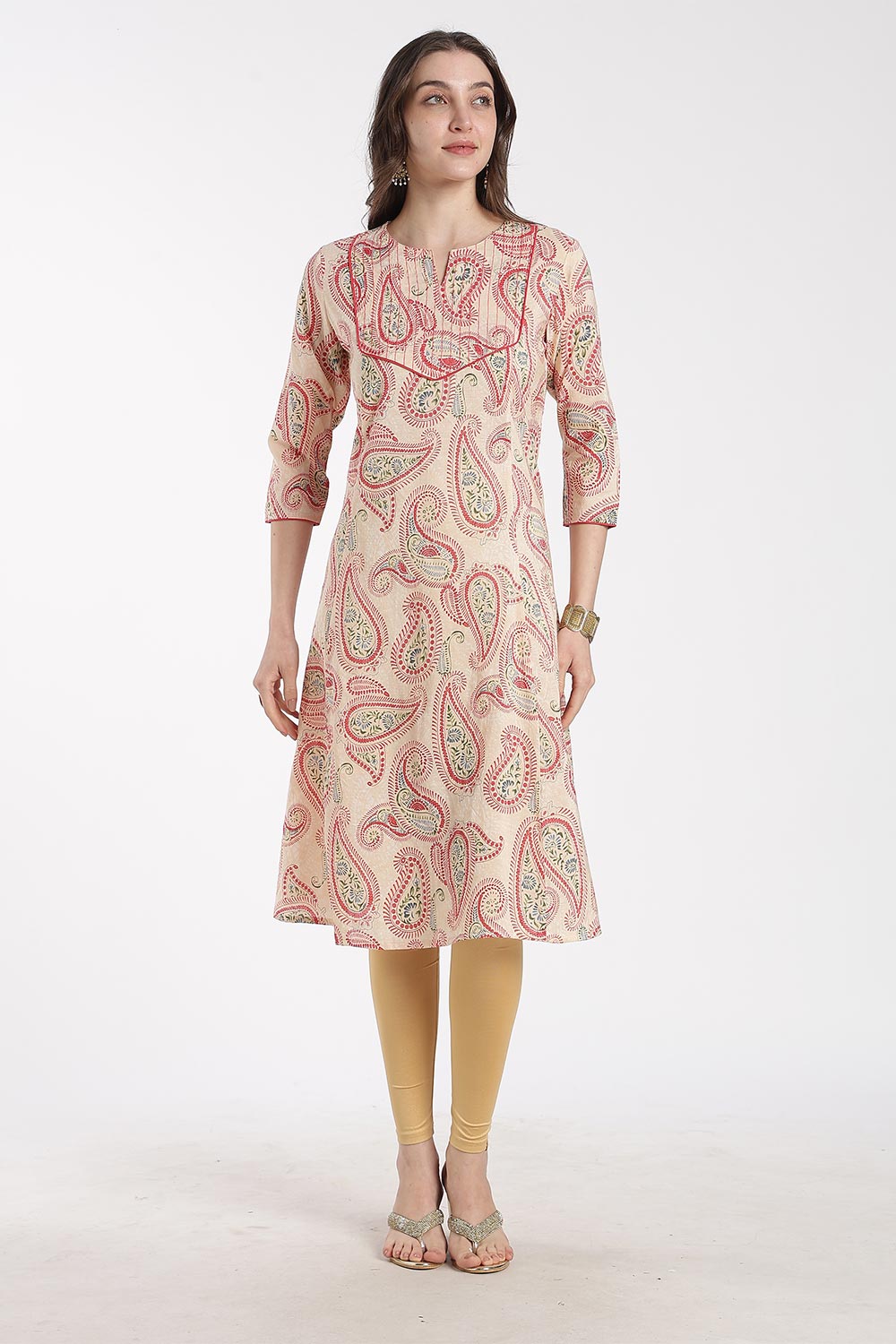 Mythri Women’s Cotton Chanderi Embroidered Kurti – Round Neck V-Notch 3/4 Sleeve Butta Print Ethnic Kurti for Women | Everyday Cotton Kurti - 1201