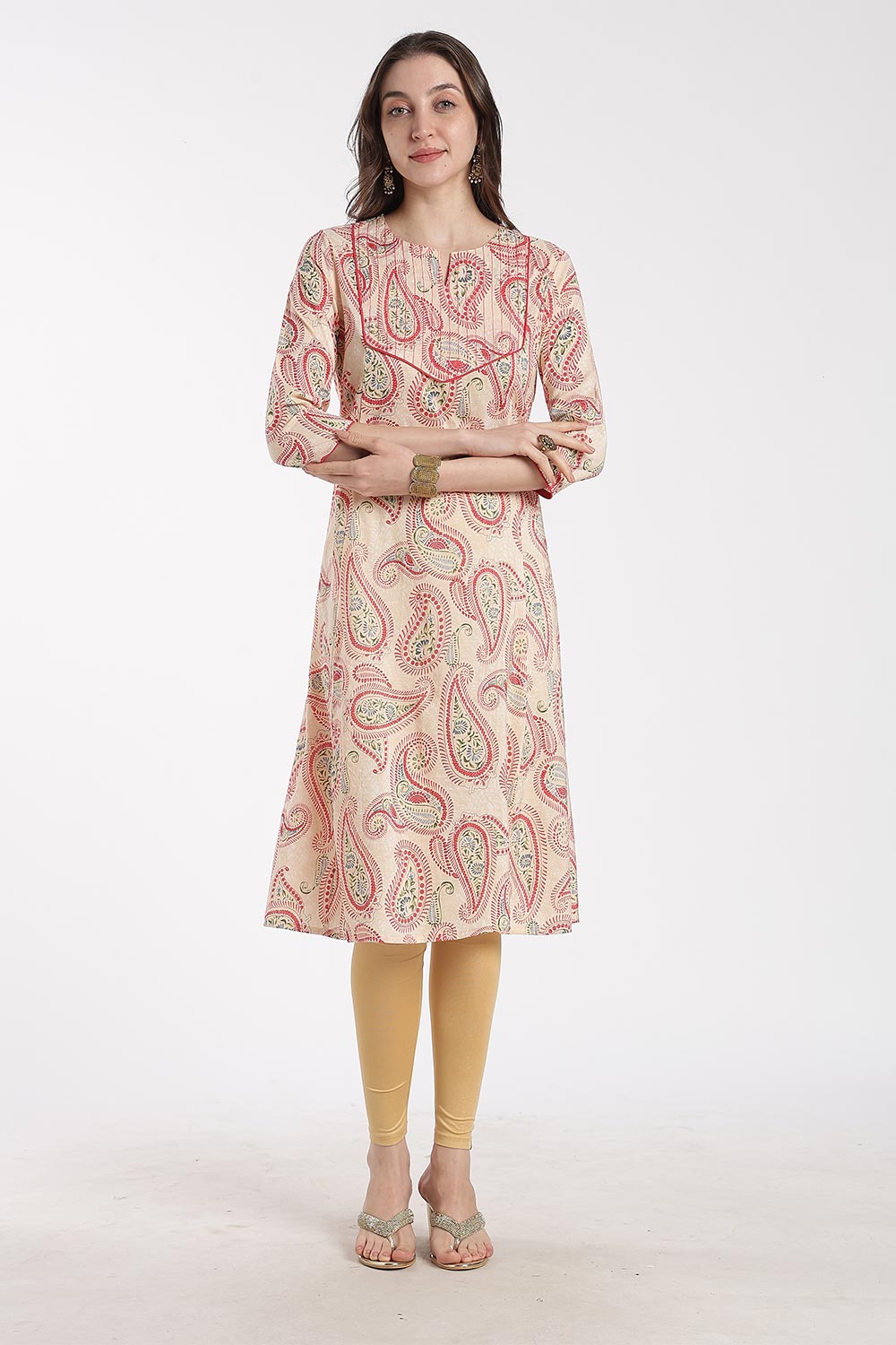 Mythri Women’s Cotton Chanderi Embroidered Kurti – Round Neck V-Notch 3/4 Sleeve Butta Print Ethnic Kurti for Women | Everyday Cotton Kurti - 1201