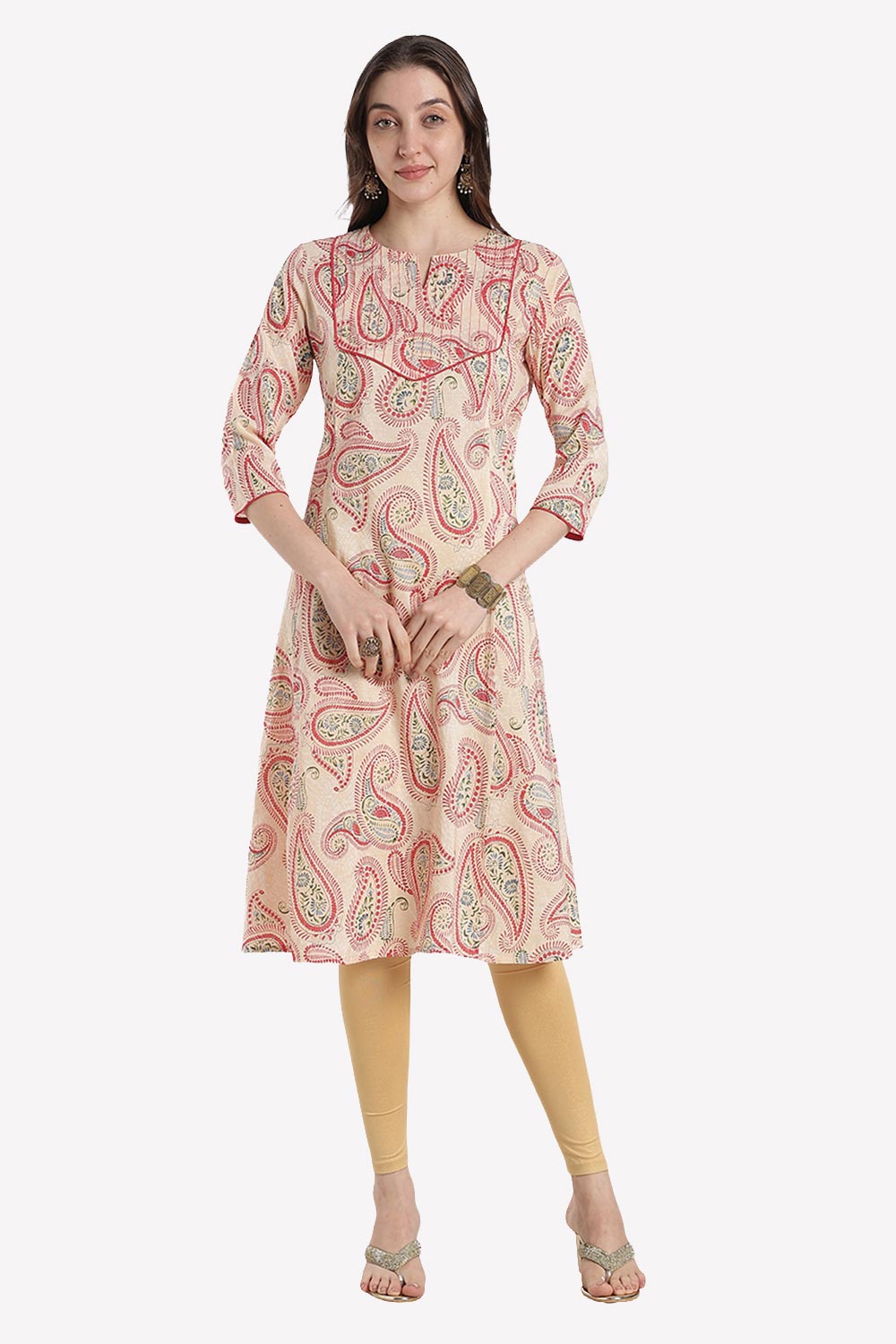 Mythri Women’s Cotton Chanderi Embroidered Kurti – Round Neck V-Notch 3/4 Sleeve Butta Print Ethnic Kurti for Women | Everyday Cotton Kurti - 1201