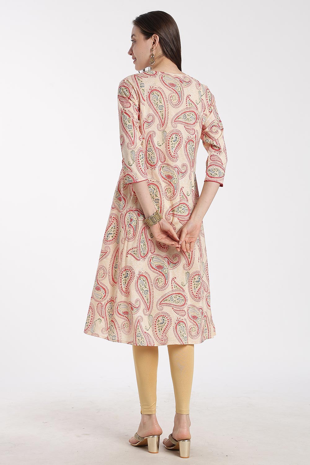 Mythri Women’s Cotton Chanderi Embroidered Kurti – Round Neck V-Notch 3/4 Sleeve Butta Print Ethnic Kurti for Women | Everyday Cotton Kurti - 1201