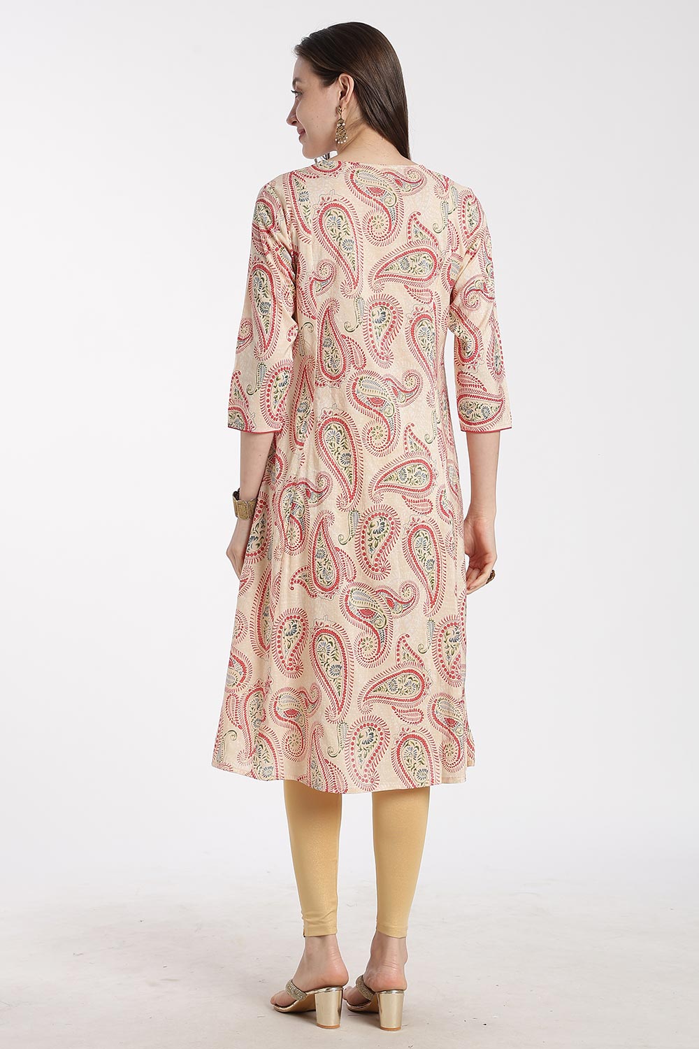 Mythri Women’s Cotton Chanderi Embroidered Kurti – Round Neck V-Notch 3/4 Sleeve Butta Print Ethnic Kurti for Women | Everyday Cotton Kurti - 1201