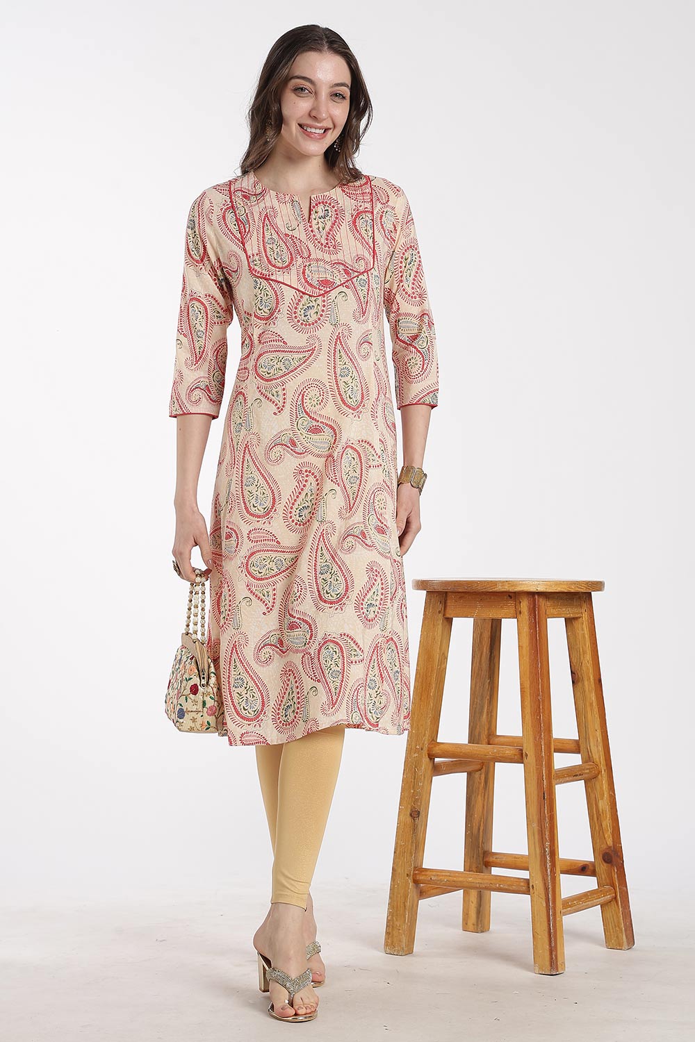 Mythri Women’s Cotton Chanderi Embroidered Kurti – Round Neck V-Notch 3/4 Sleeve Butta Print Ethnic Kurti for Women | Everyday Cotton Kurti - 1201