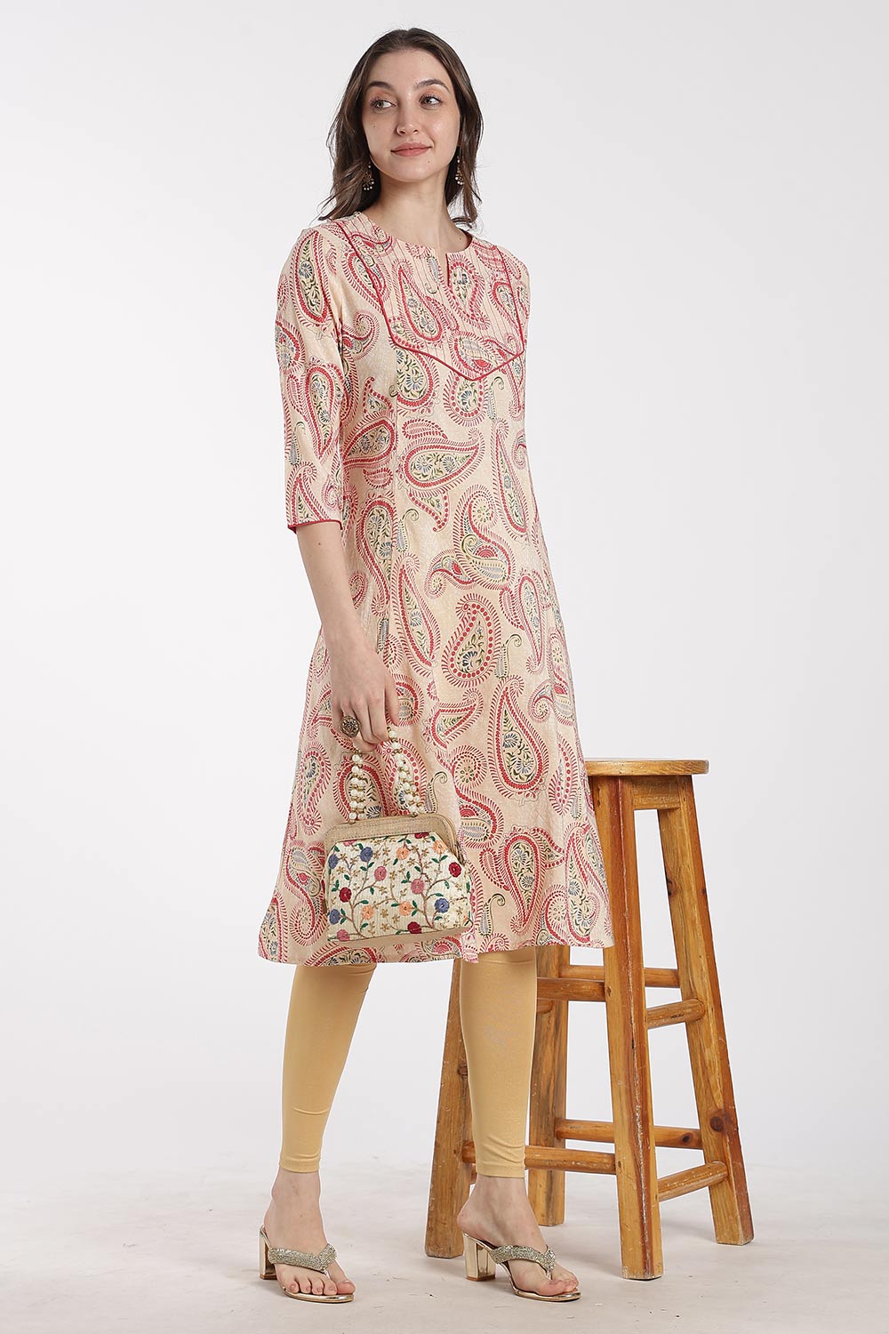 Mythri Women’s Cotton Chanderi Embroidered Kurti – Round Neck V-Notch 3/4 Sleeve Butta Print Ethnic Kurti for Women | Everyday Cotton Kurti - 1201