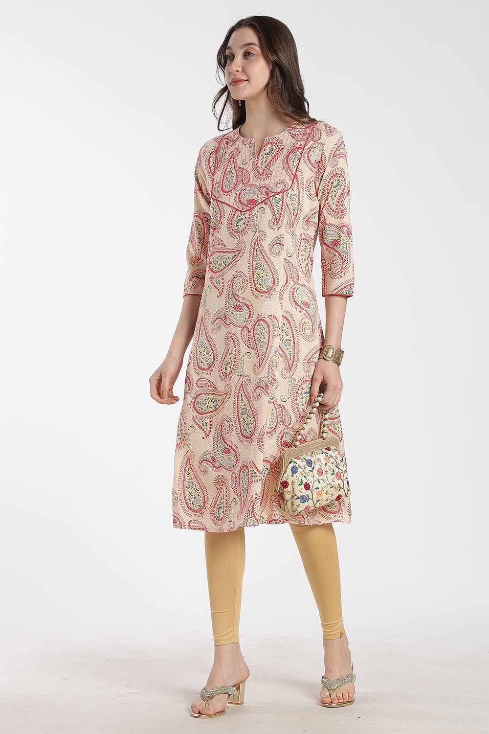 Mythri Women’s Cotton Chanderi Embroidered Kurti – Round Neck V-Notch 3/4 Sleeve Butta Print Ethnic Kurti for Women | Everyday Cotton Kurti - 1201