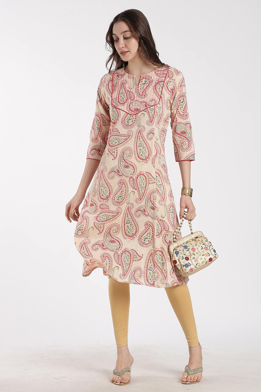 Mythri Women’s Cotton Chanderi Embroidered Kurti – Round Neck V-Notch 3/4 Sleeve Butta Print Ethnic Kurti for Women | Everyday Cotton Kurti - 1201