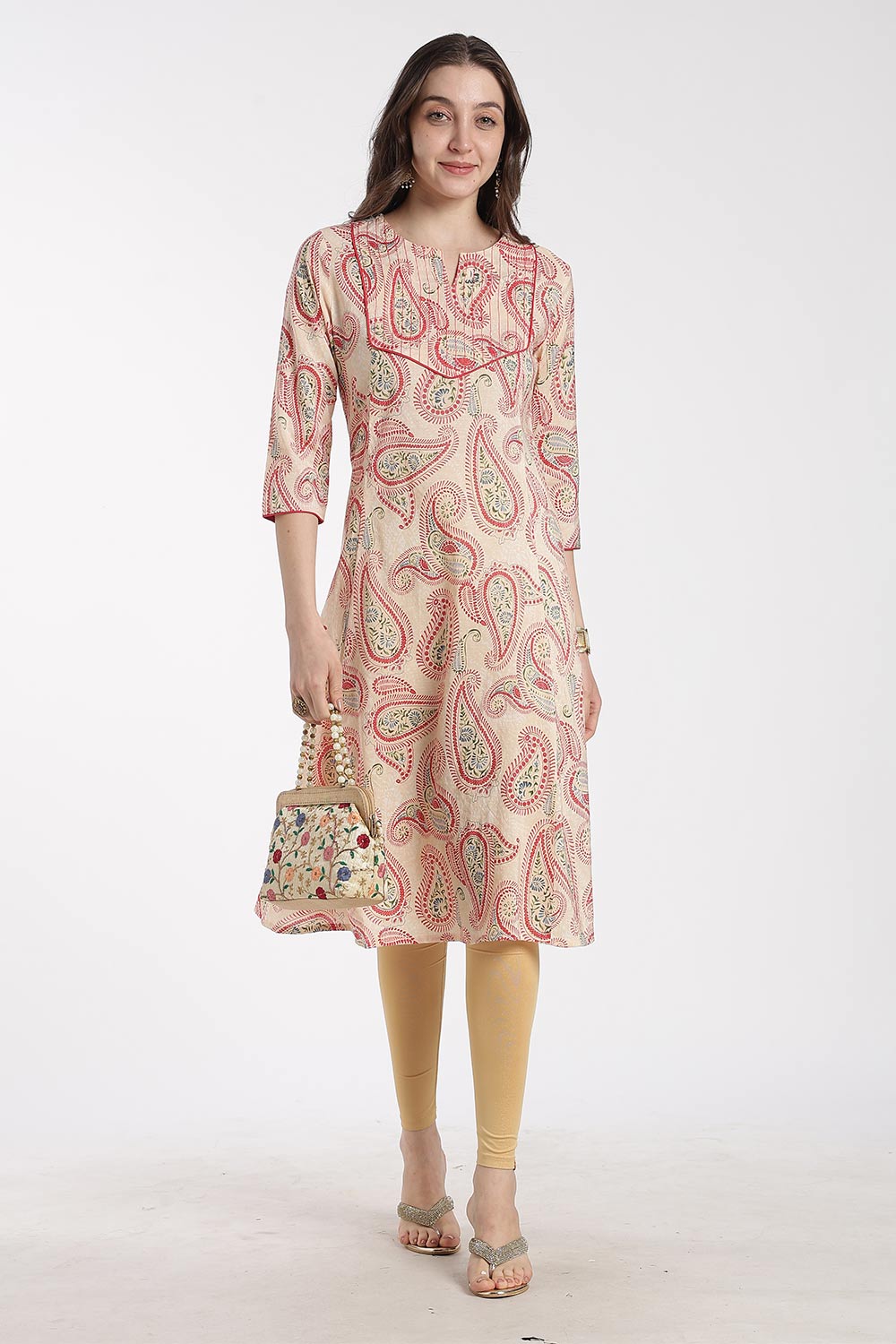 Mythri Women’s Cotton Chanderi Embroidered Kurti – Round Neck V-Notch 3/4 Sleeve Butta Print Ethnic Kurti for Women | Everyday Cotton Kurti - 1201