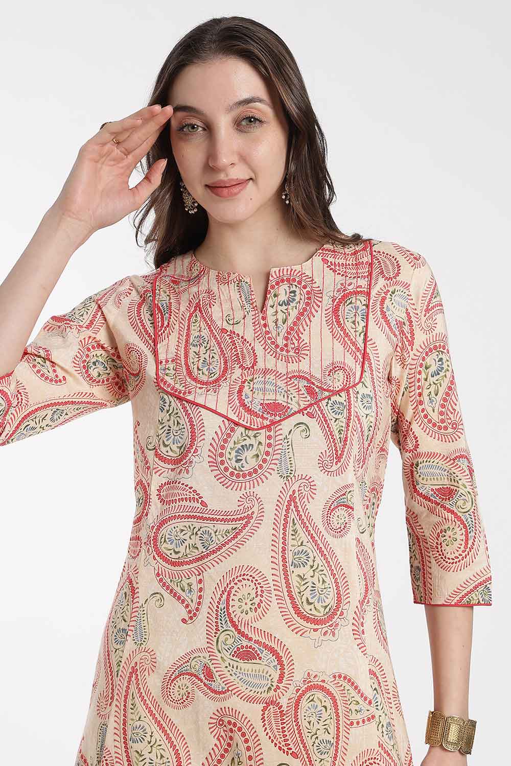 Mythri Women’s Cotton Chanderi Embroidered Kurti – Round Neck V-Notch 3/4 Sleeve Butta Print Ethnic Kurti for Women | Everyday Cotton Kurti - 1201