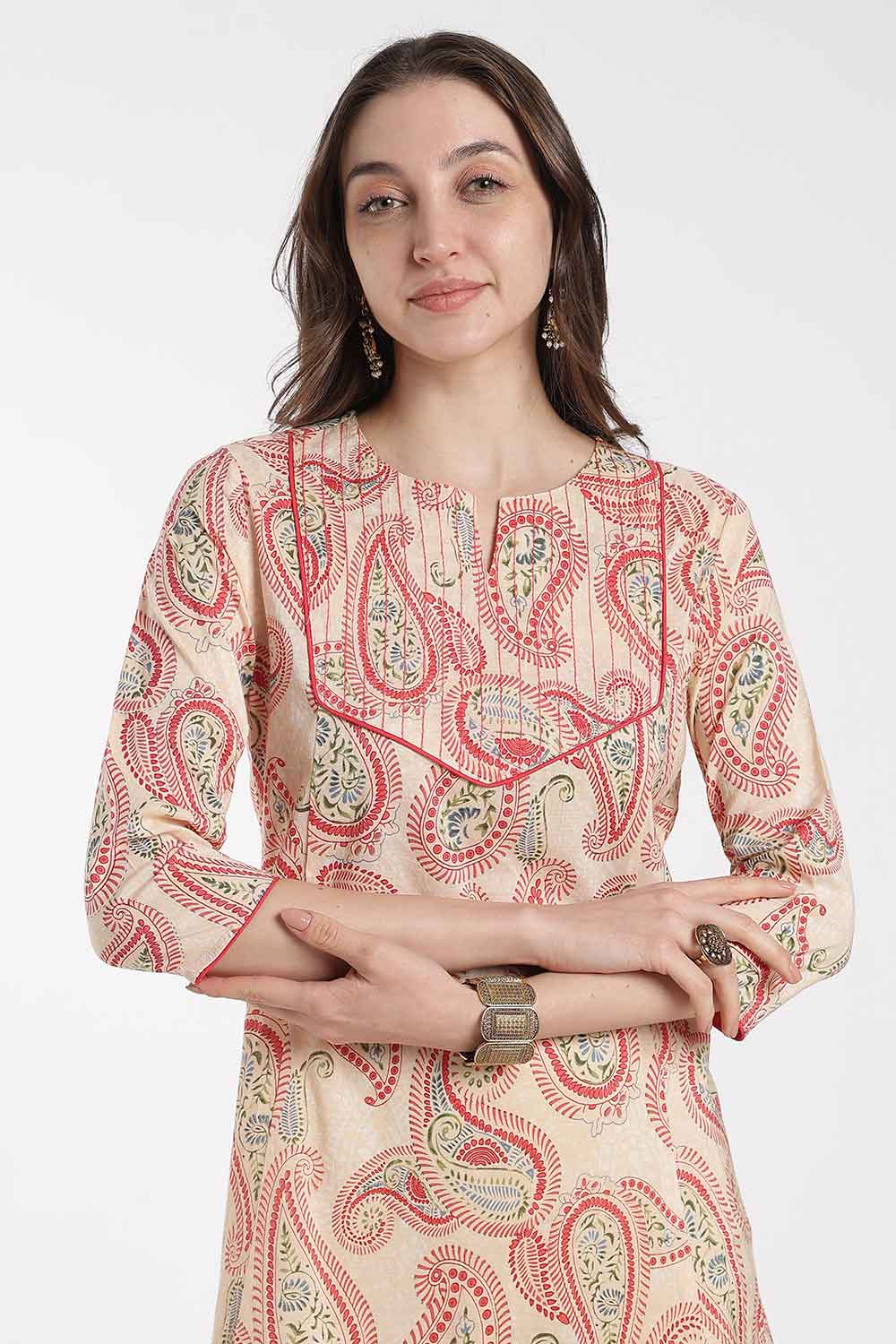 Mythri Women’s Cotton Chanderi Embroidered Kurti – Round Neck V-Notch 3/4 Sleeve Butta Print Ethnic Kurti for Women | Everyday Cotton Kurti - 1201