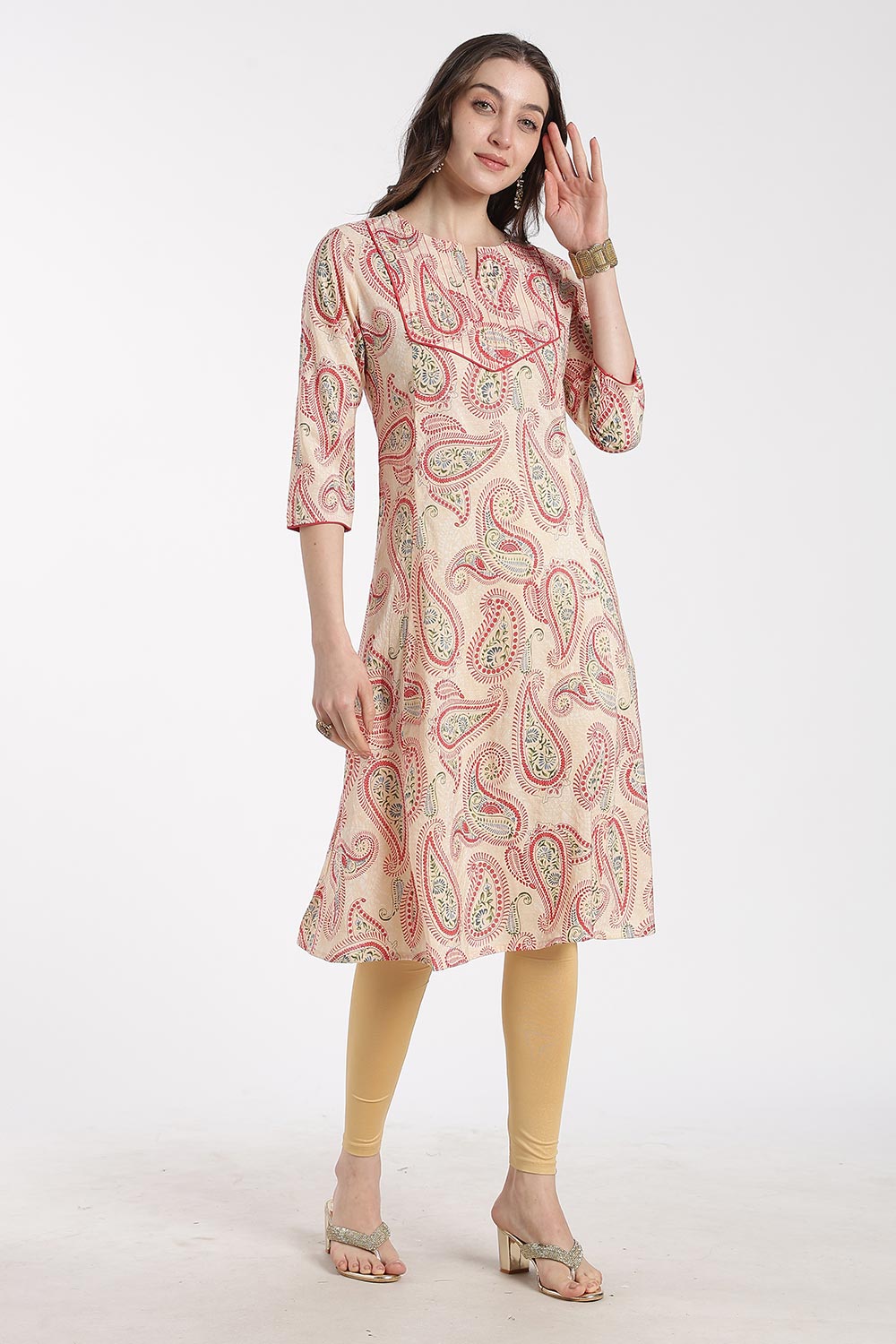 Mythri Women’s Cotton Chanderi Embroidered Kurti – Round Neck V-Notch 3/4 Sleeve Butta Print Ethnic Kurti for Women | Everyday Cotton Kurti - 1201