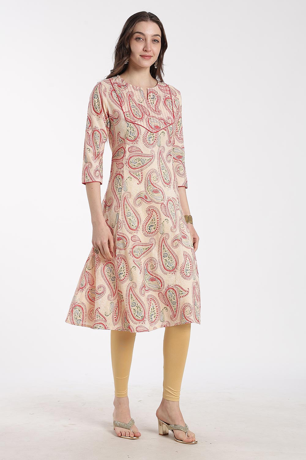 Mythri Women’s Cotton Chanderi Embroidered Kurti – Round Neck V-Notch 3/4 Sleeve Butta Print Ethnic Kurti for Women | Everyday Cotton Kurti - 1201