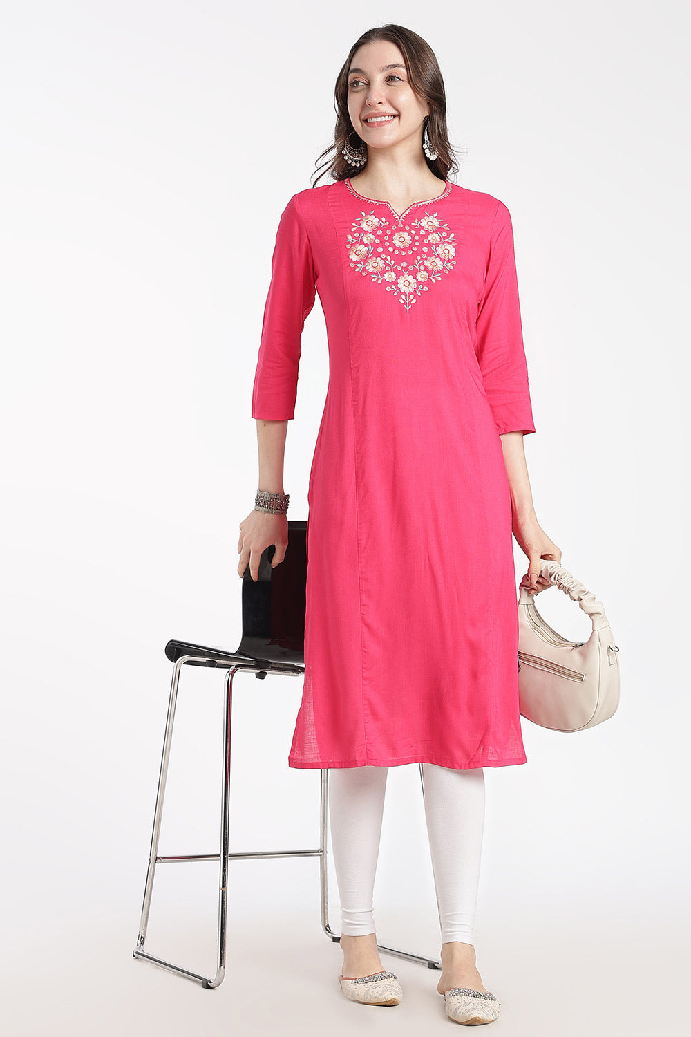 Mythri Rayon Kurti for Women – Regular Fit Embroidered Kurti with Round Neck V-Notch | Everyday Wear Kurta - RS09