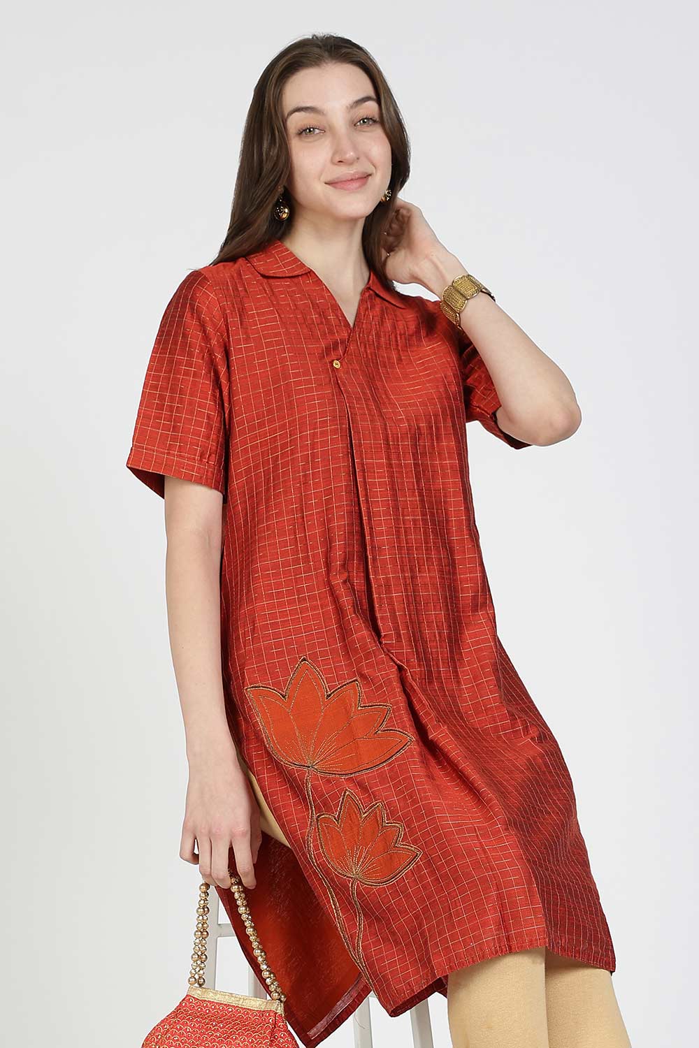 Mythri Women Cotton Blend A-Line Kurti – V Neck Paisley Printed Kurthi with Ladder Lace Inserts | Woven Occasional & Festive Wear Kurta - K112