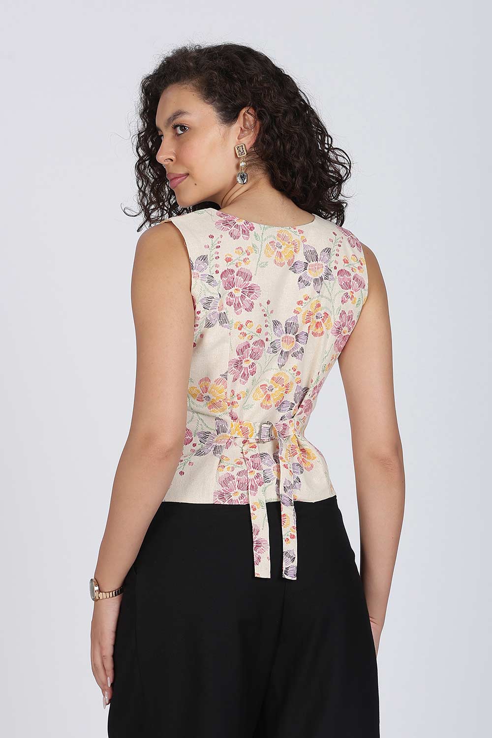 Mythri Women Cotton Blend Floral Waistcoat Top – Sleeveless V-Neck Front Button Casual Waist Coat with Adjustable Back Strap | Regular Fit Woven Top - TO42