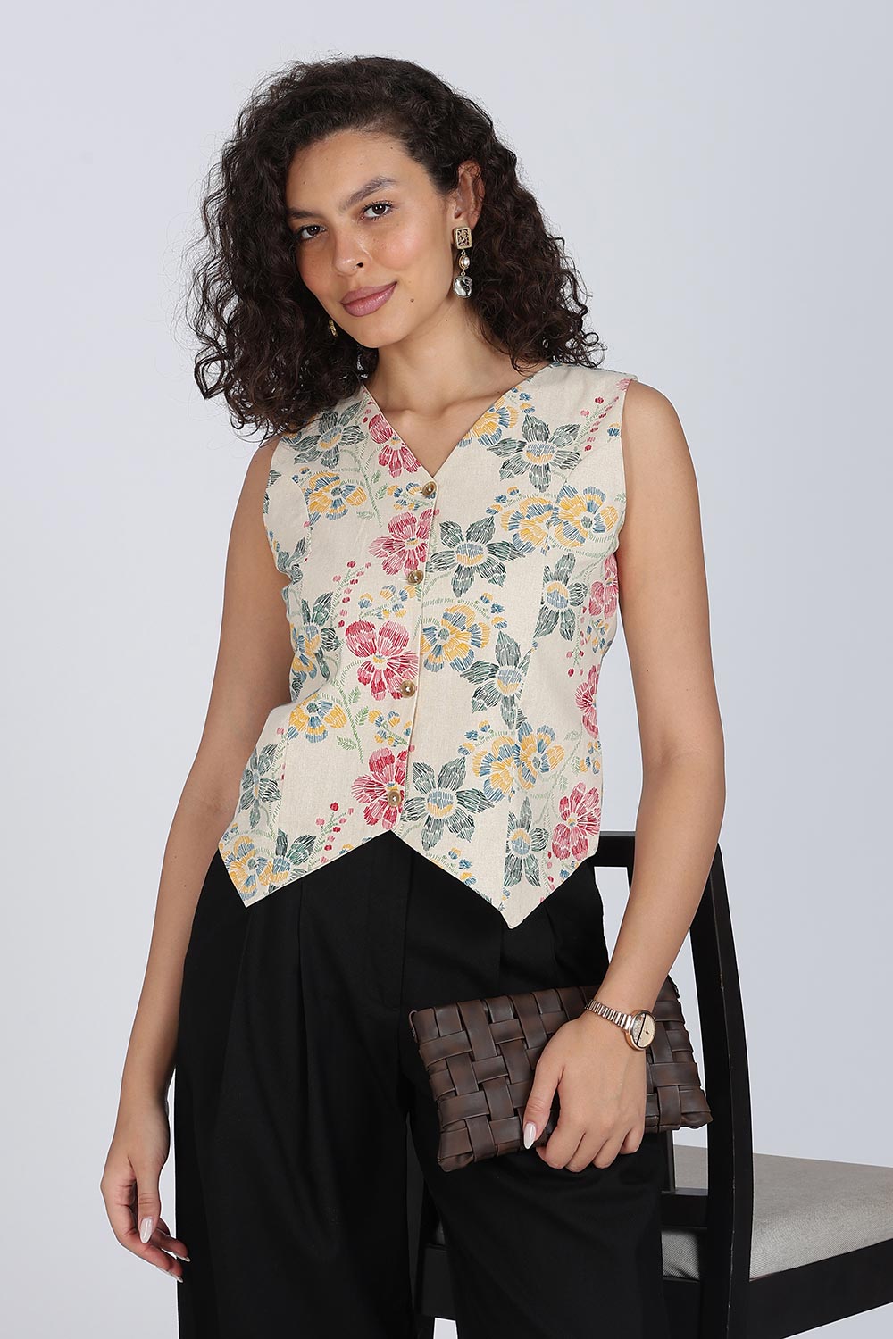 Mythri Women Cotton Blend Floral Waistcoat Top – Sleeveless V-Neck Front Button Casual Waist Coat with Adjustable Back Strap | Regular Fit Woven Top - TO42