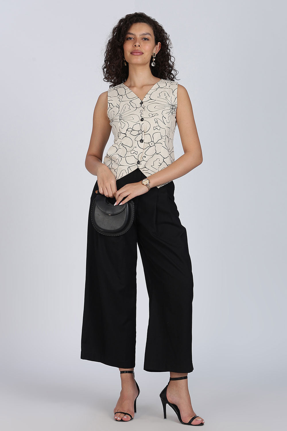 Mythri Women Cotton Blend Floral Waistcoat Top – Sleeveless V-Neck Front Button Casual Waist Coat with Adjustable Back Strap | Regular Fit Woven Top - TO42