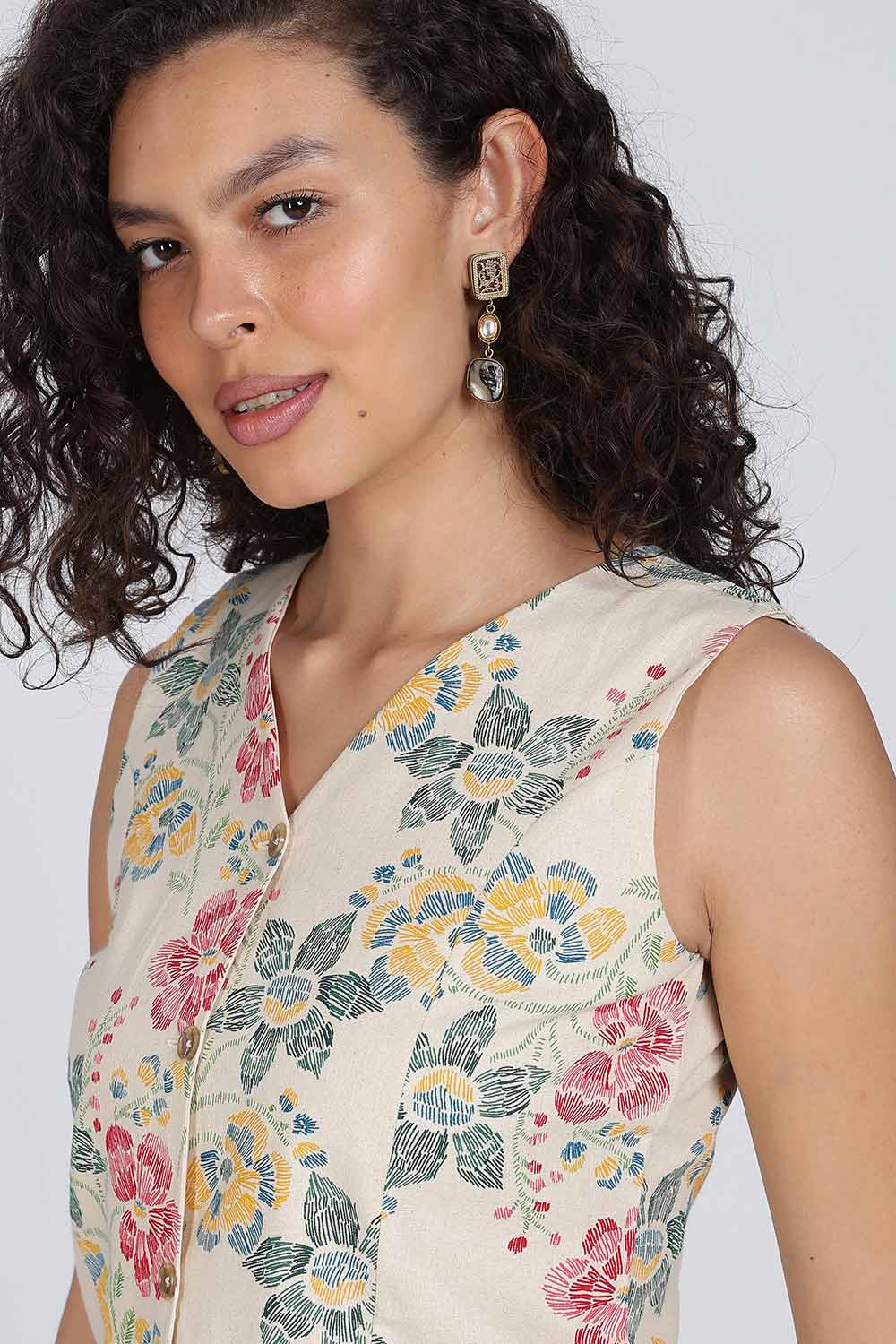 Mythri Women Cotton Blend Floral Waistcoat Top – Sleeveless V-Neck Front Button Casual Waist Coat with Adjustable Back Strap | Regular Fit Woven Top - TO42