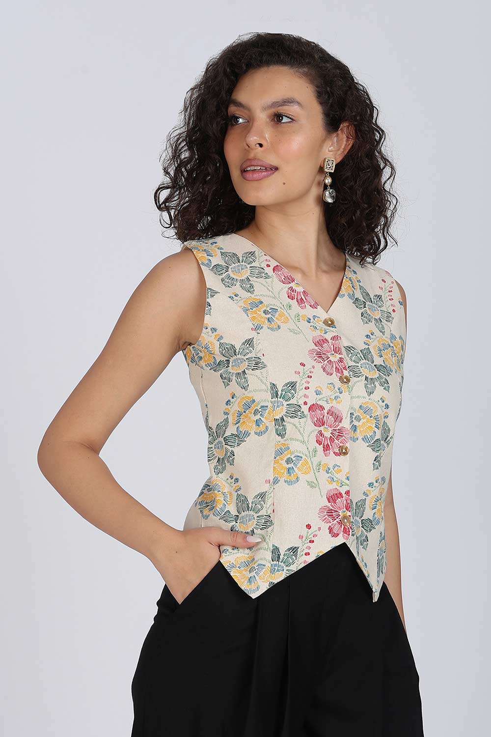 Mythri Women Cotton Blend Floral Waistcoat Top – Sleeveless V-Neck Front Button Casual Waist Coat with Adjustable Back Strap | Regular Fit Woven Top - TO42