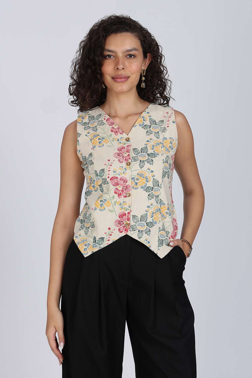 Mythri Women Cotton Blend Floral Waistcoat Top – Sleeveless V-Neck Front Button Casual Waist Coat with Adjustable Back Strap | Regular Fit Woven Top - TO42