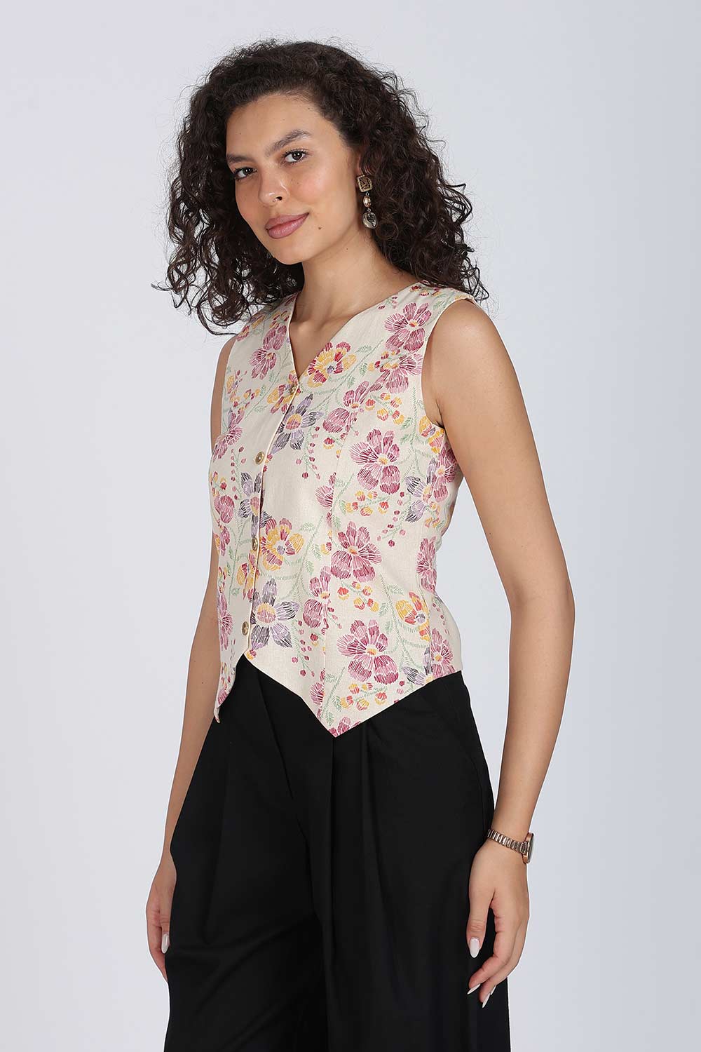 Mythri Women Cotton Blend Floral Waistcoat Top – Sleeveless V-Neck Front Button Casual Waist Coat with Adjustable Back Strap | Regular Fit Woven Top - TO42