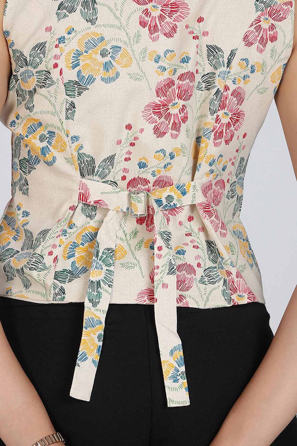 Mythri Women Cotton Blend Floral Waistcoat Top – Sleeveless V-Neck Front Button Casual Waist Coat with Adjustable Back Strap | Regular Fit Woven Top - TO42