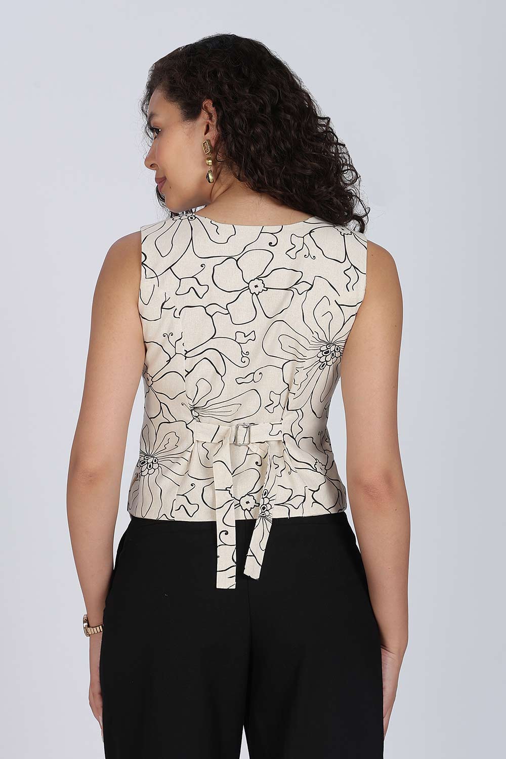 Mythri Women Cotton Blend Floral Waistcoat Top – Sleeveless V-Neck Front Button Casual Waist Coat with Adjustable Back Strap | Regular Fit Woven Top - TO42