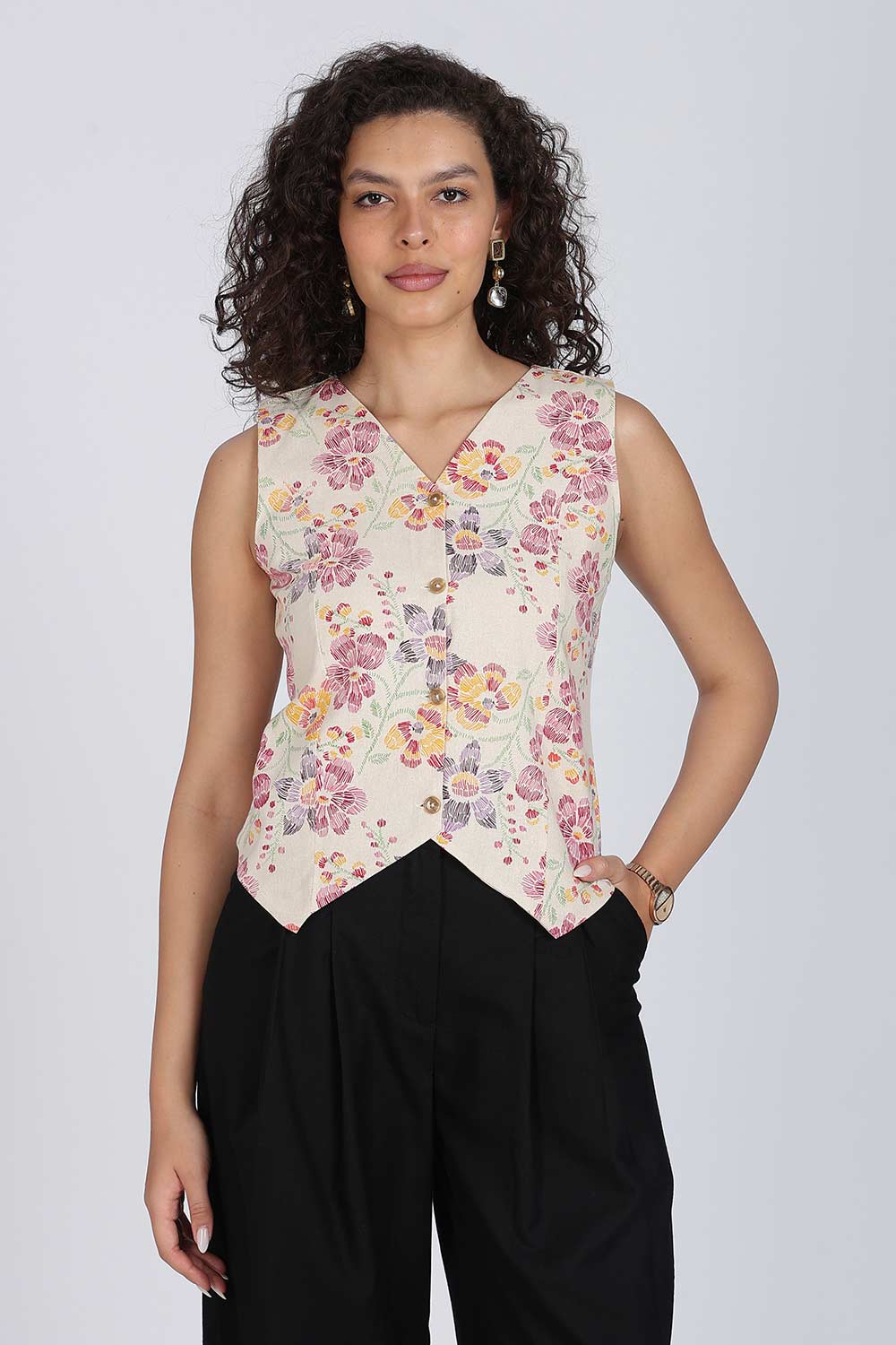 Mythri Women Cotton Blend Floral Waistcoat Top – Sleeveless V-Neck Front Button Casual Waist Coat with Adjustable Back Strap | Regular Fit Woven Top - TO42
