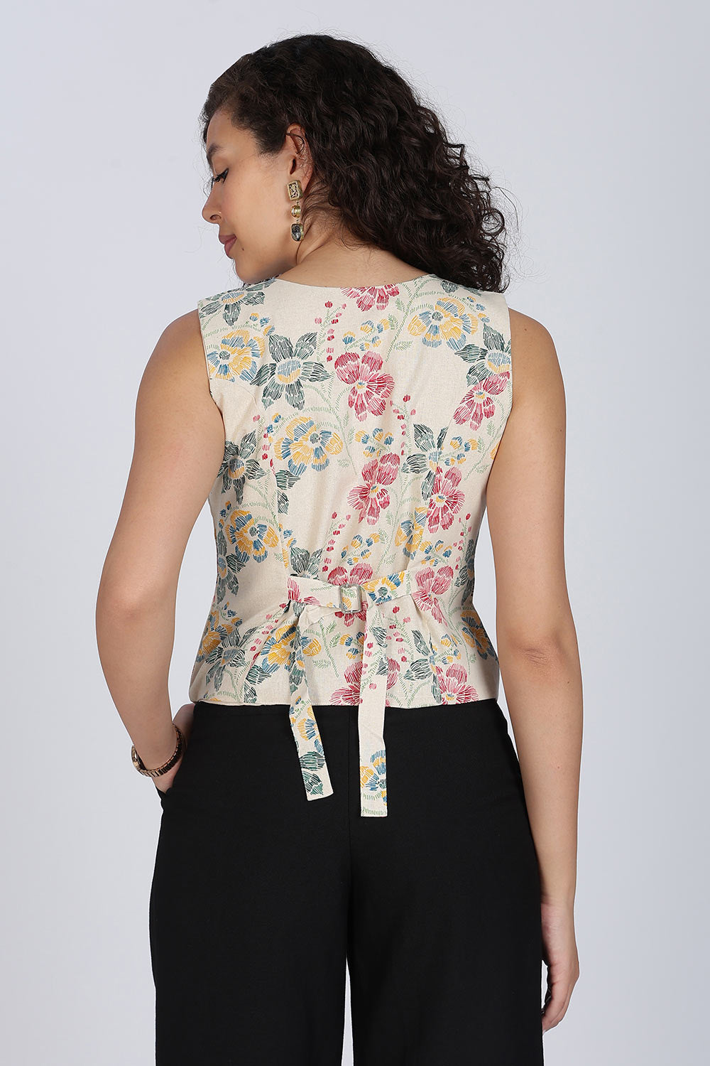 Mythri Women Cotton Blend Floral Waistcoat Top – Sleeveless V-Neck Front Button Casual Waist Coat with Adjustable Back Strap | Regular Fit Woven Top - TO42