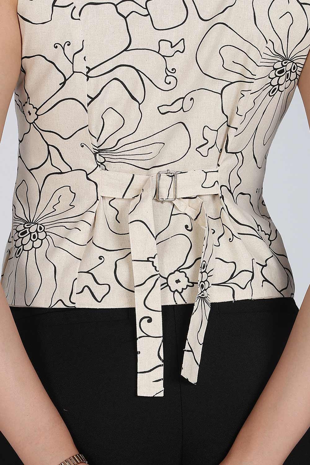 Mythri Women Cotton Blend Floral Waistcoat Top – Sleeveless V-Neck Front Button Casual Waist Coat with Adjustable Back Strap | Regular Fit Woven Top - TO42