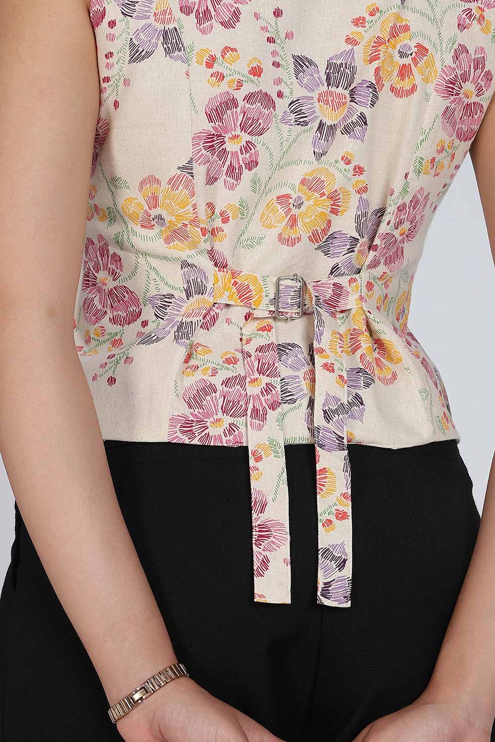 Mythri Women Cotton Blend Floral Waistcoat Top – Sleeveless V-Neck Front Button Casual Waist Coat with Adjustable Back Strap | Regular Fit Woven Top - TO42
