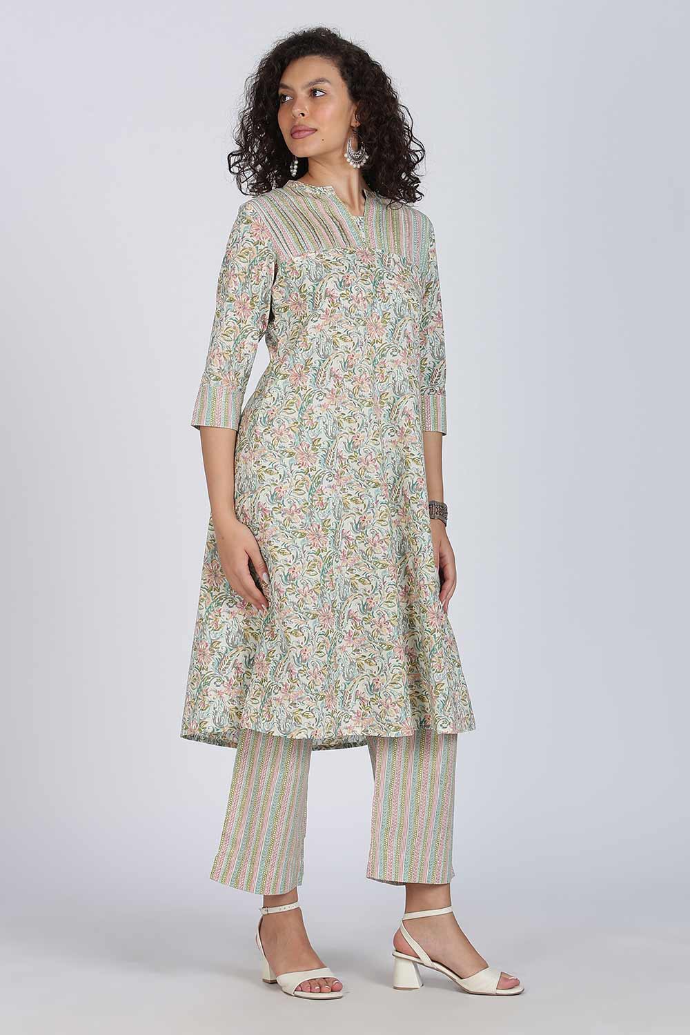 Mythri Women Cotton Floral Printed Kurti Set – Mandarin Collar Split V-Neck A-Line Kurta with Straight Pants | Everyday Wear Ethnic Co-ord Set - KS02