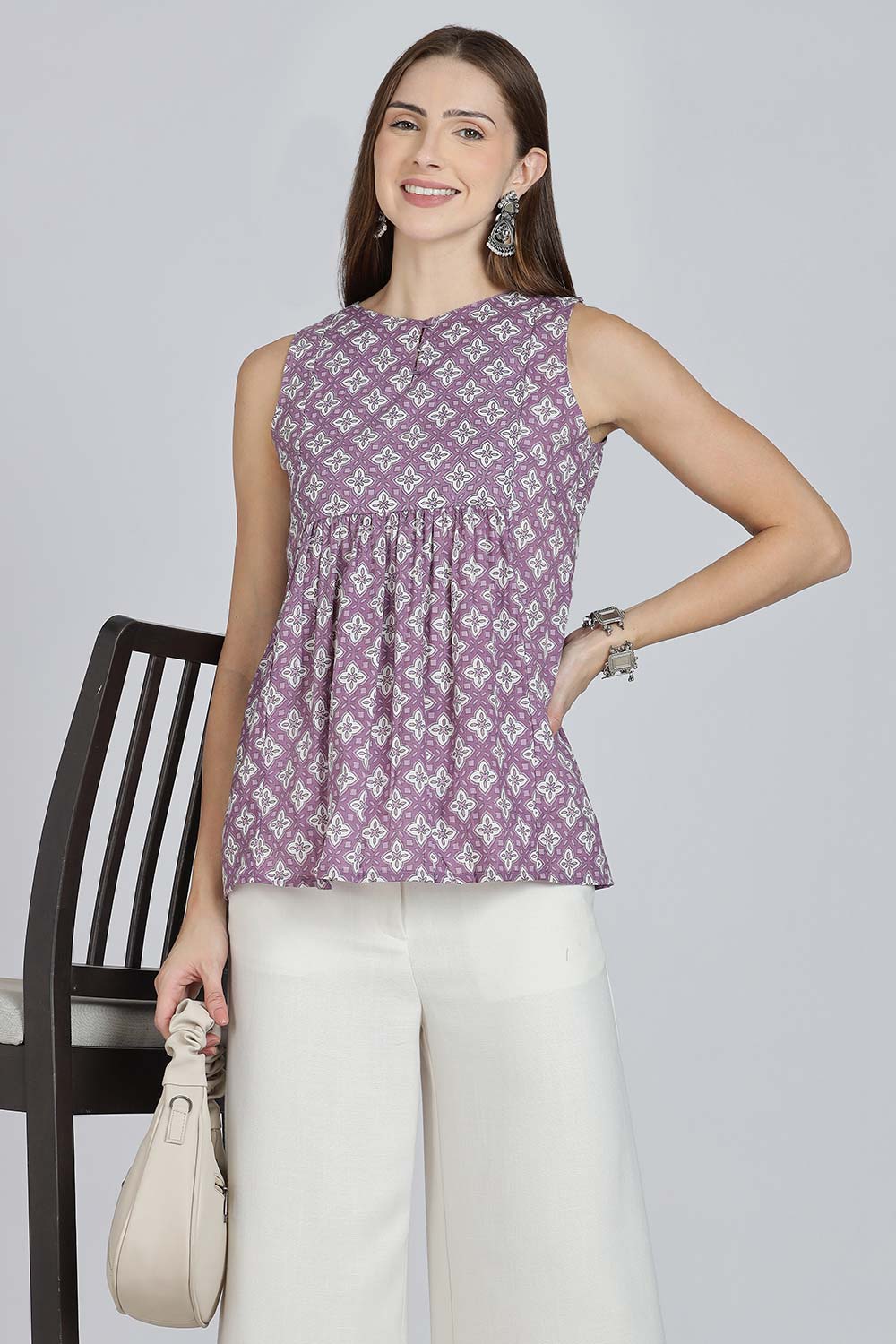 Mythri Women’s Cotton A-Line Casual Top | Floral Butta Print Sleeveless Top with Potli Button V-Slit Neck - TO37