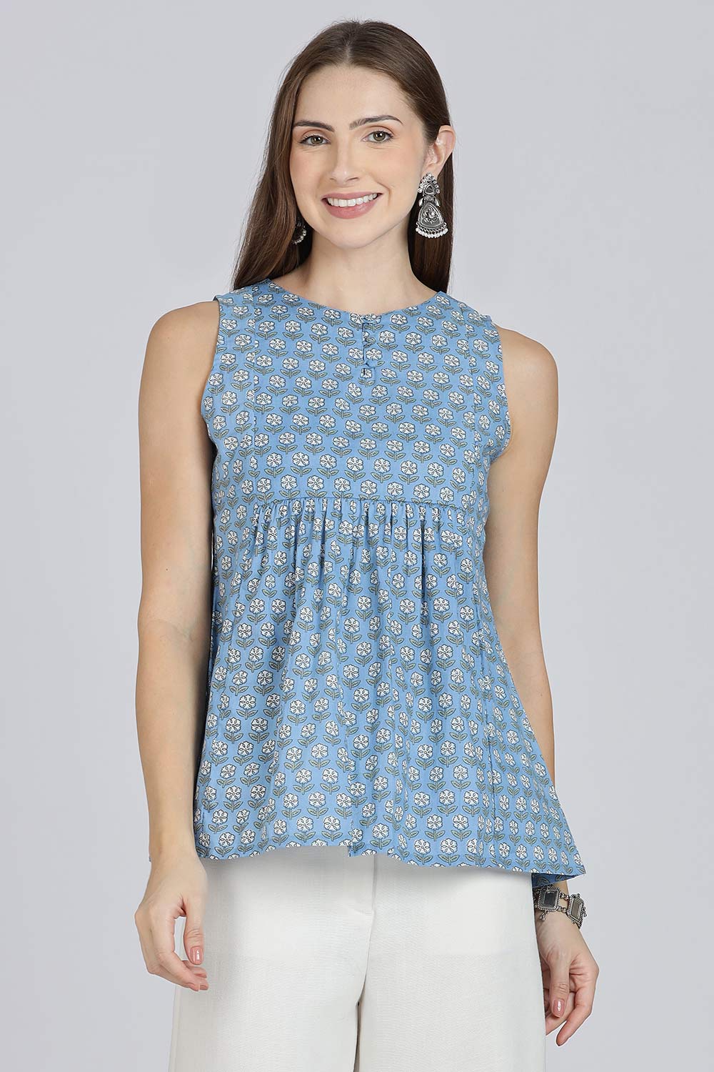 Mythri Women’s Cotton A-Line Casual Top | Floral Butta Print Sleeveless Top with Potli Button V-Slit Neck - TO37