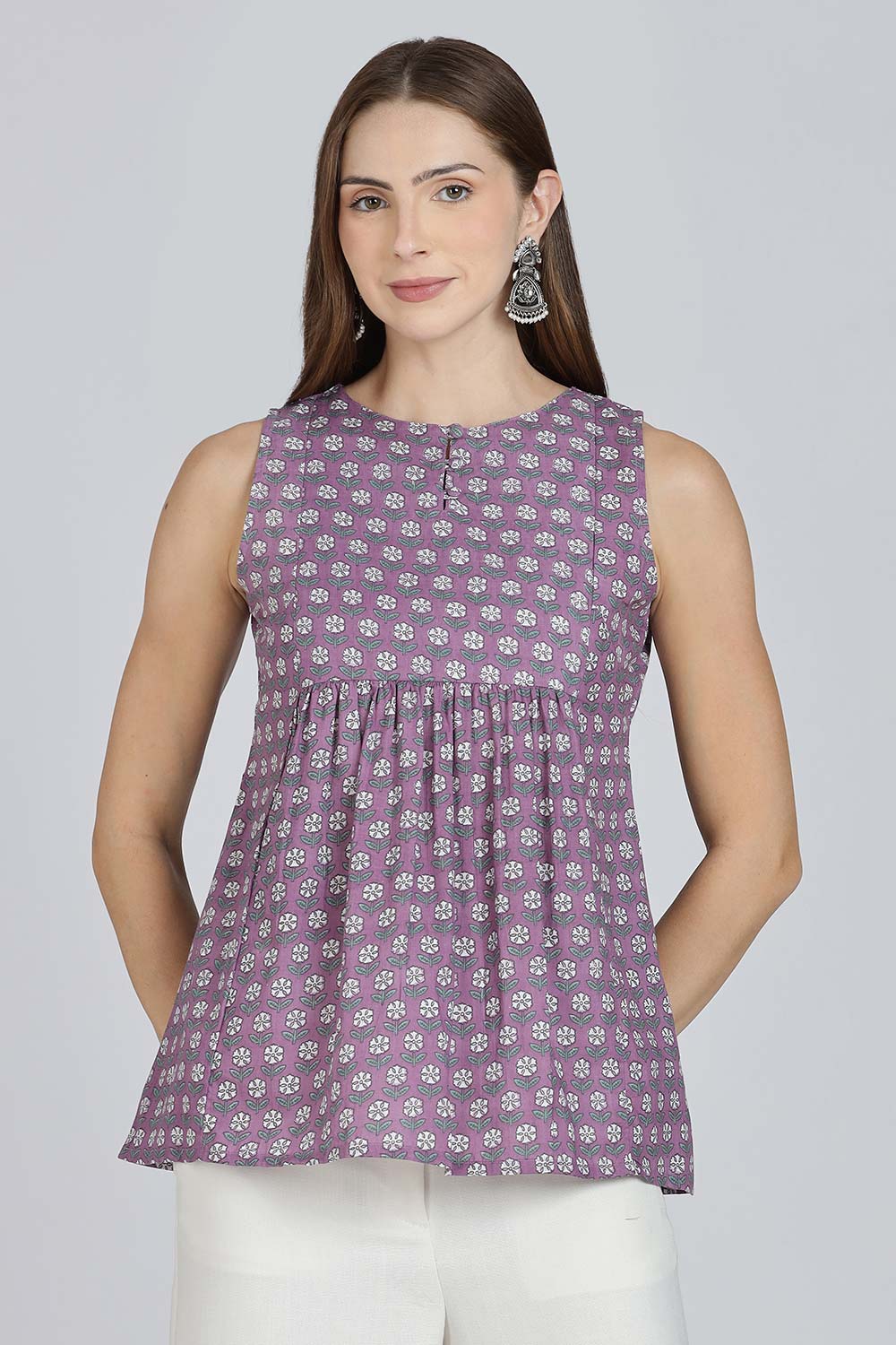 Mythri Women’s Cotton A-Line Casual Top | Floral Butta Print Sleeveless Top with Potli Button V-Slit Neck - TO37
