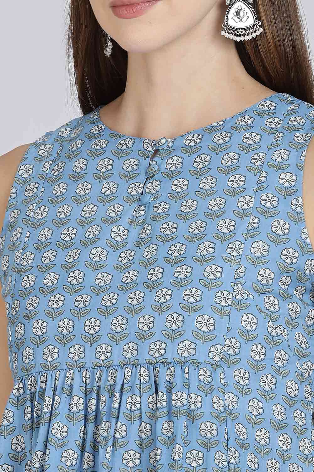 Mythri Women’s Cotton A-Line Casual Top | Floral Butta Print Sleeveless Top with Potli Button V-Slit Neck - TO37