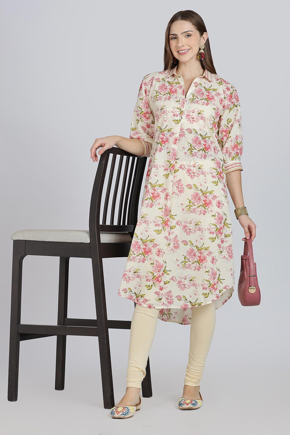 Mythri Women’s Cotton Anti-Fit Kurti | Mix & Match Stripe and Floral Print Kurta with Center Inverted Pleat for Everyday Wear - Pink - K119