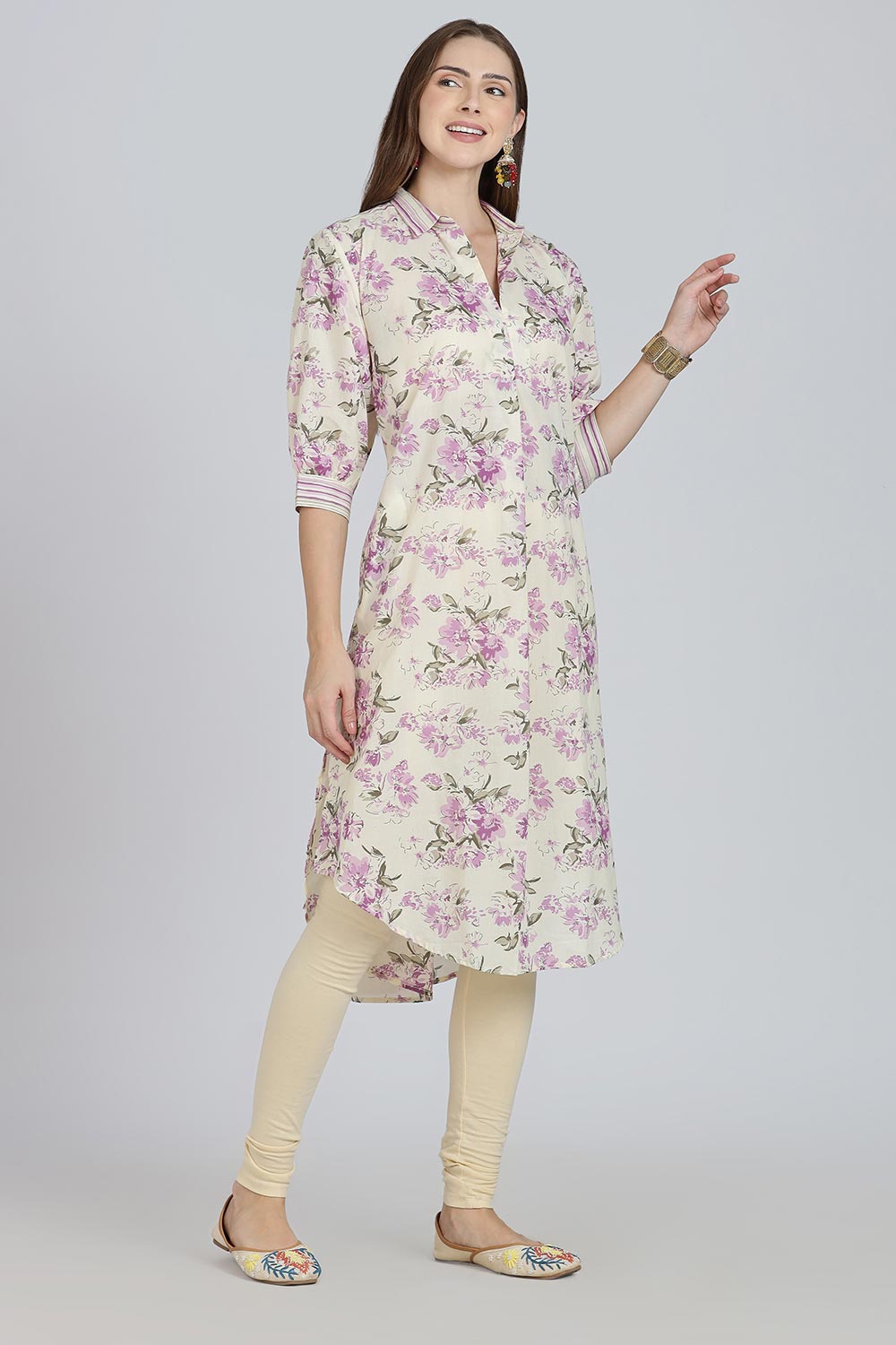 Mythri Women’s Cotton Anti-Fit Kurti | Mix & Match Stripe and Floral Print Kurta with Center Inverted Pleat for Everyday Wear - Purple - K119