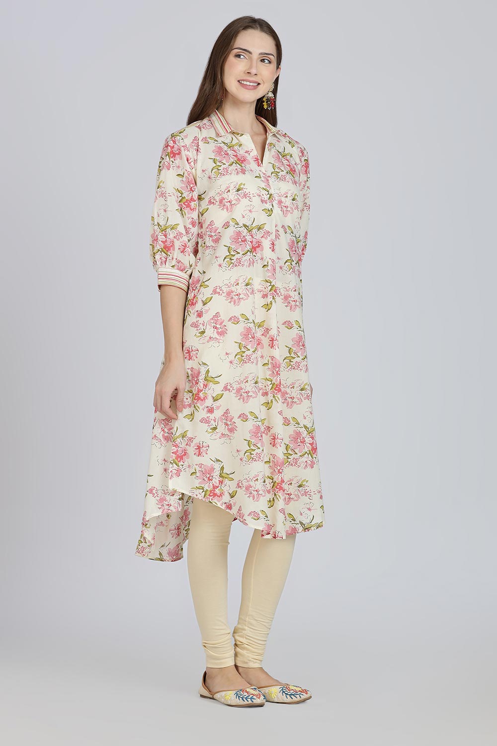 Mythri Women’s Cotton Anti-Fit Kurti | Mix & Match Stripe and Floral Print Kurta with Center Inverted Pleat for Everyday Wear - Pink - K119