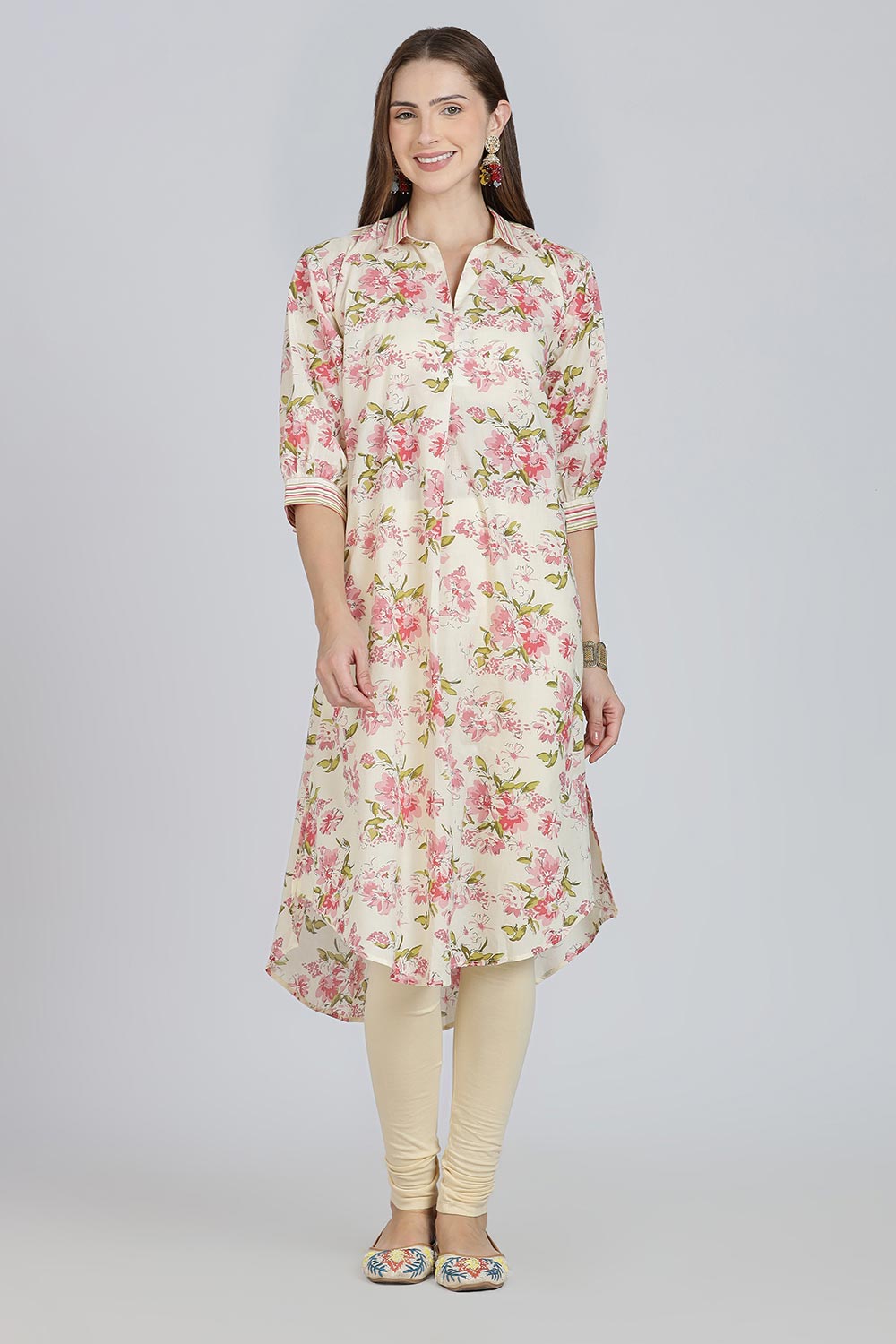 Mythri Women’s Cotton Anti-Fit Kurti | Mix & Match Stripe and Floral Print Kurta with Center Inverted Pleat for Everyday Wear - Pink - K119