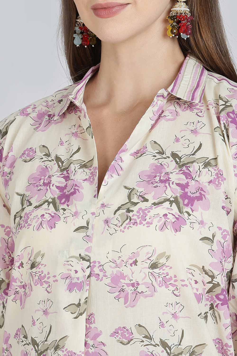 Mythri Women’s Cotton Anti-Fit Kurti | Mix & Match Stripe and Floral Print Kurta with Center Inverted Pleat for Everyday Wear - Purple - K119