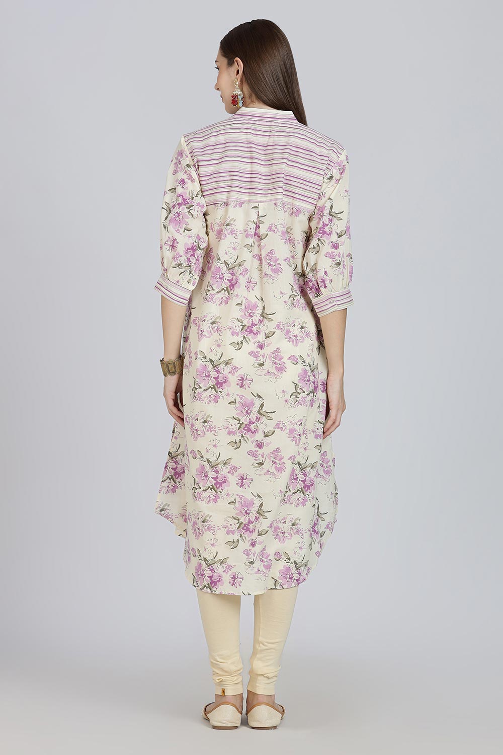 Mythri Women’s Cotton Anti-Fit Kurti | Mix & Match Stripe and Floral Print Kurta with Center Inverted Pleat for Everyday Wear - Purple - K119