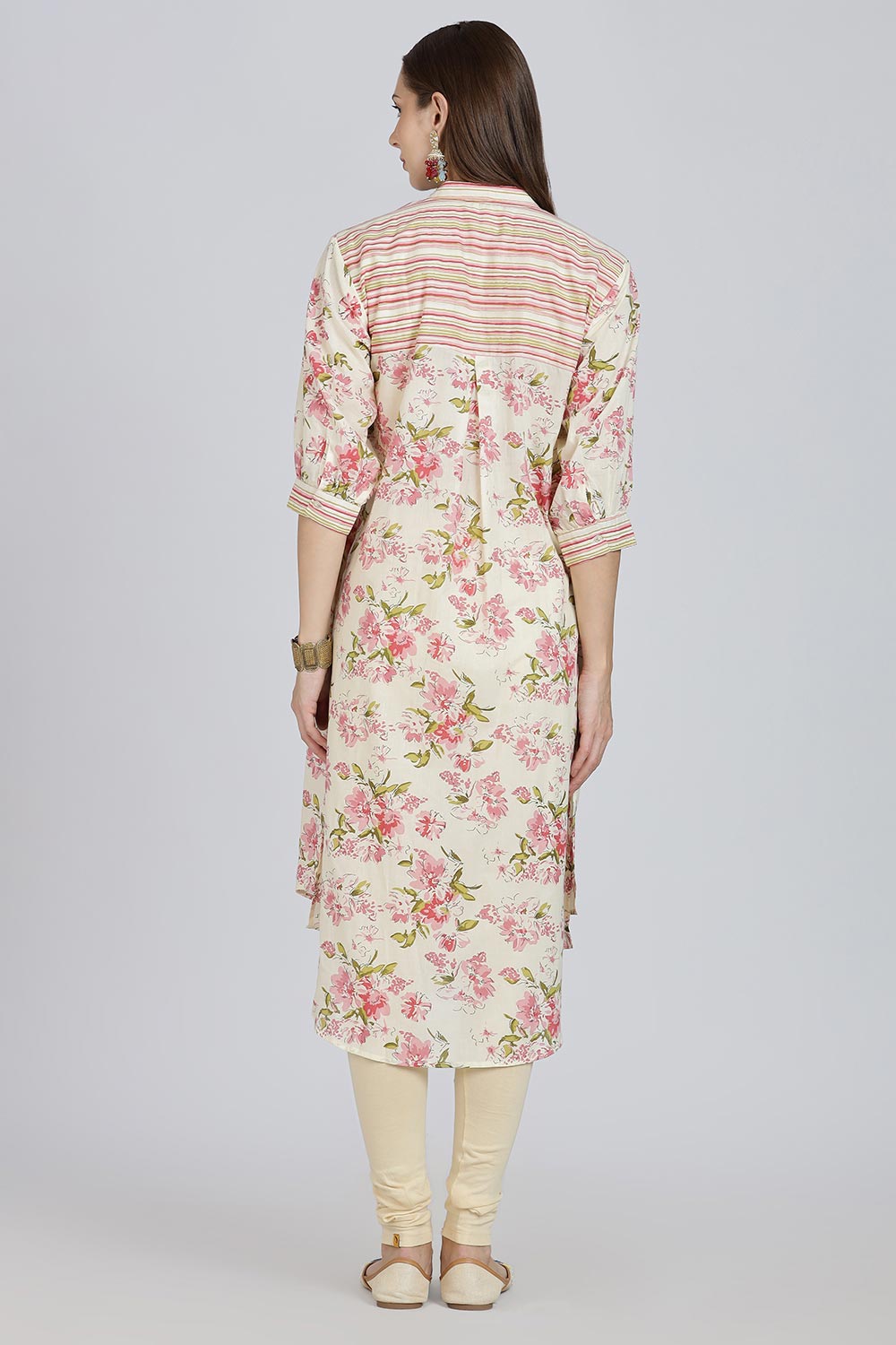 Mythri Women’s Cotton Anti-Fit Kurti | Mix & Match Stripe and Floral Print Kurta with Center Inverted Pleat for Everyday Wear - Pink - K119